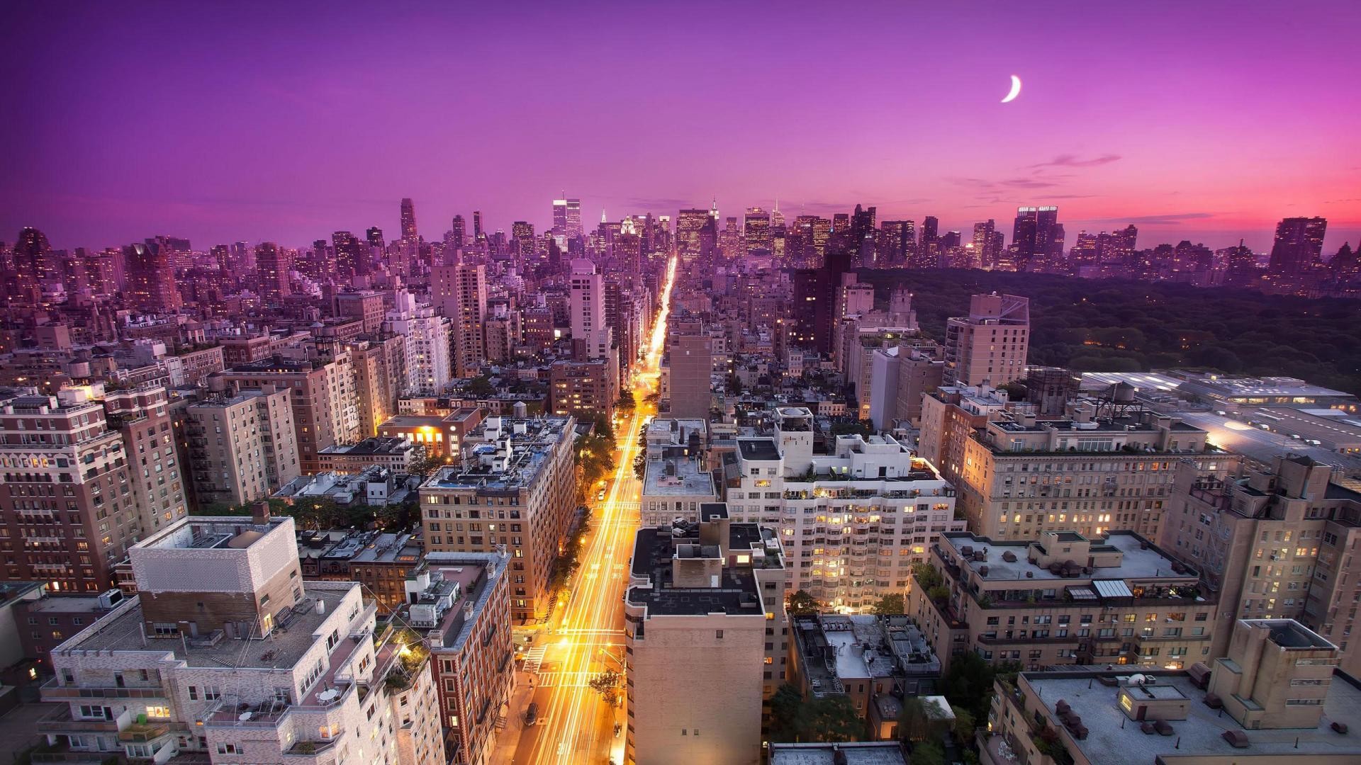 Upper East Side, Manhattan, Crepuscolo, Luna, 1920x1080, sfondo per PC
