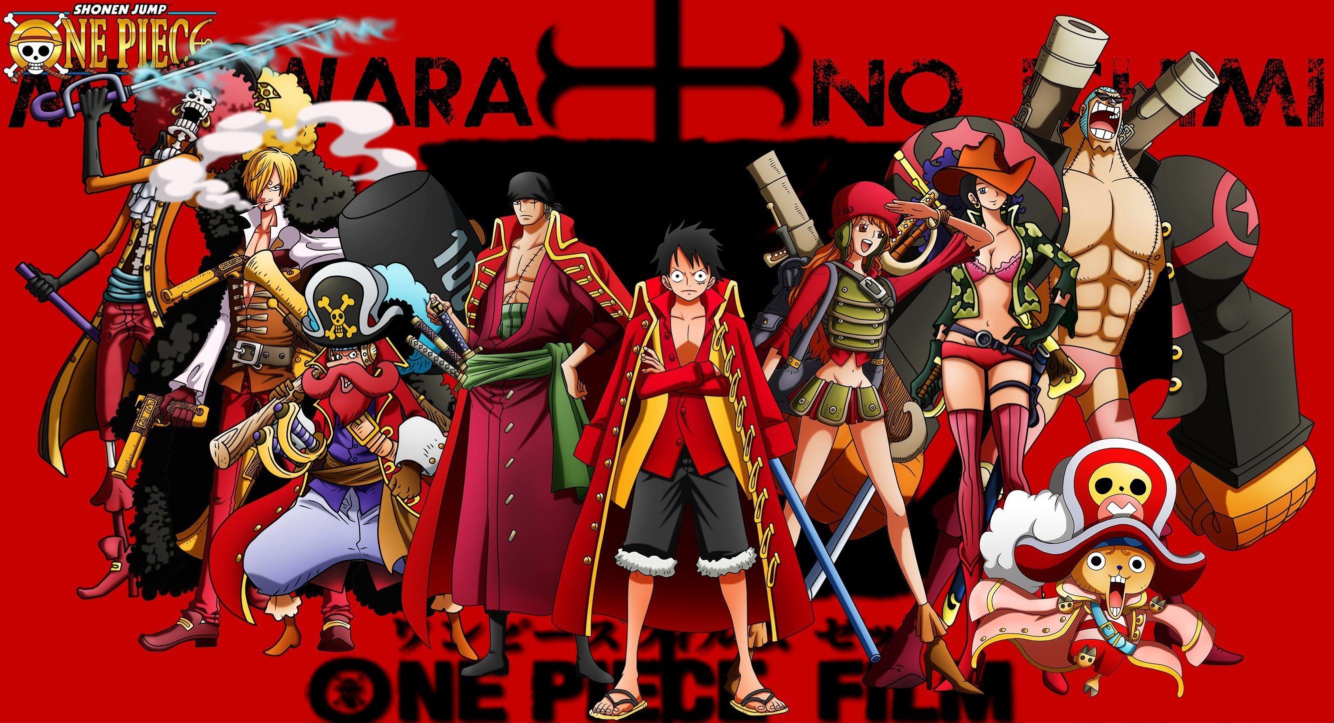One Piece Film: Z, Ciurma di Cappello di paglia, Sfondo rosso, 2K, wallpaper desktop