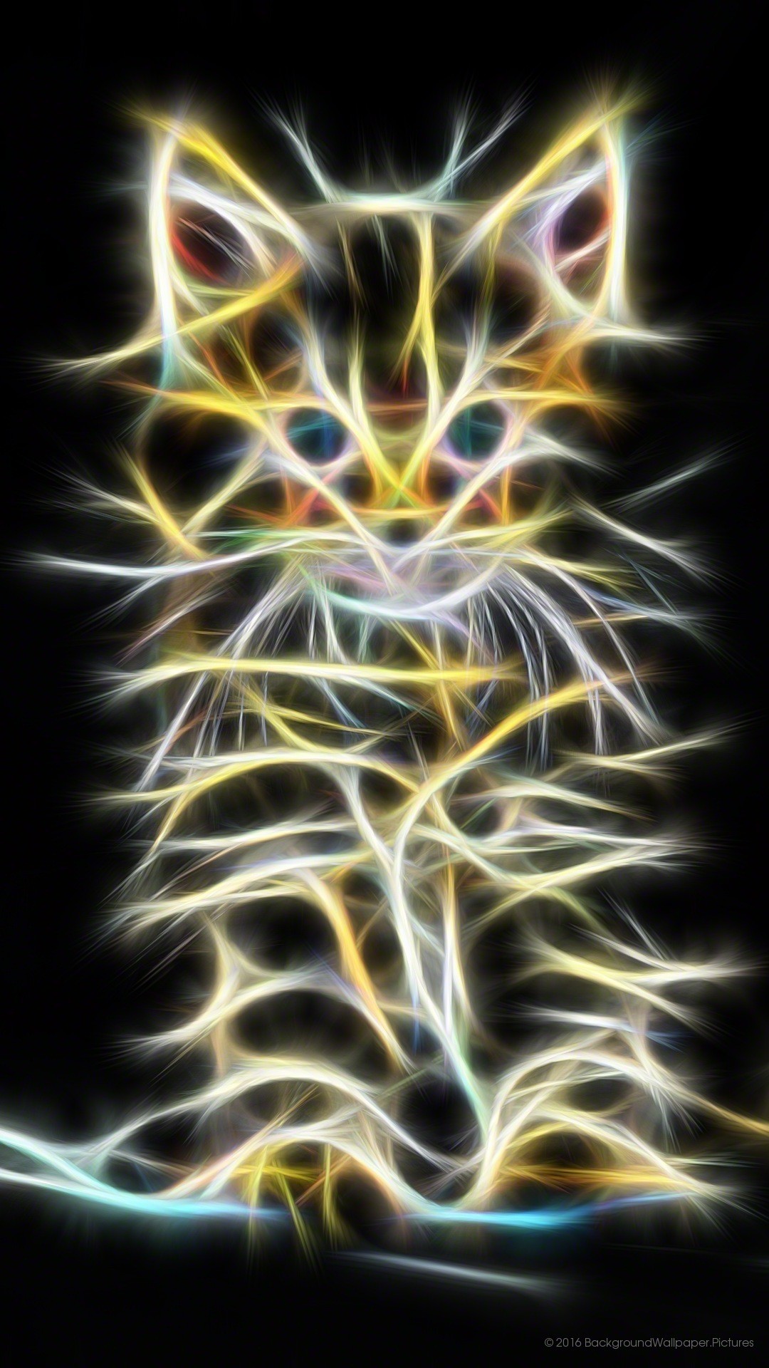 Gatto, Frattale, Neon, Sfondo nero, Full HD, wallpaper per cellulare