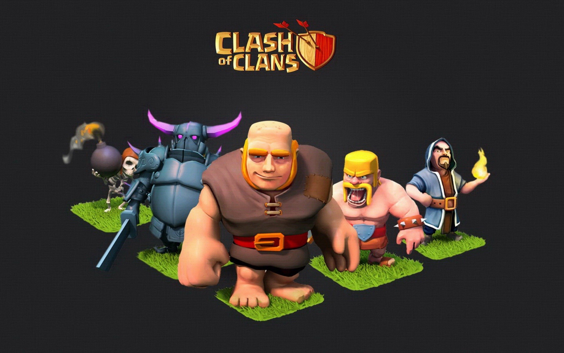 Clash of Clans, Gigante, P.E.K.K.A, Barbaro, Stregone, Sfondo scuro, wallpaper 1920x1200