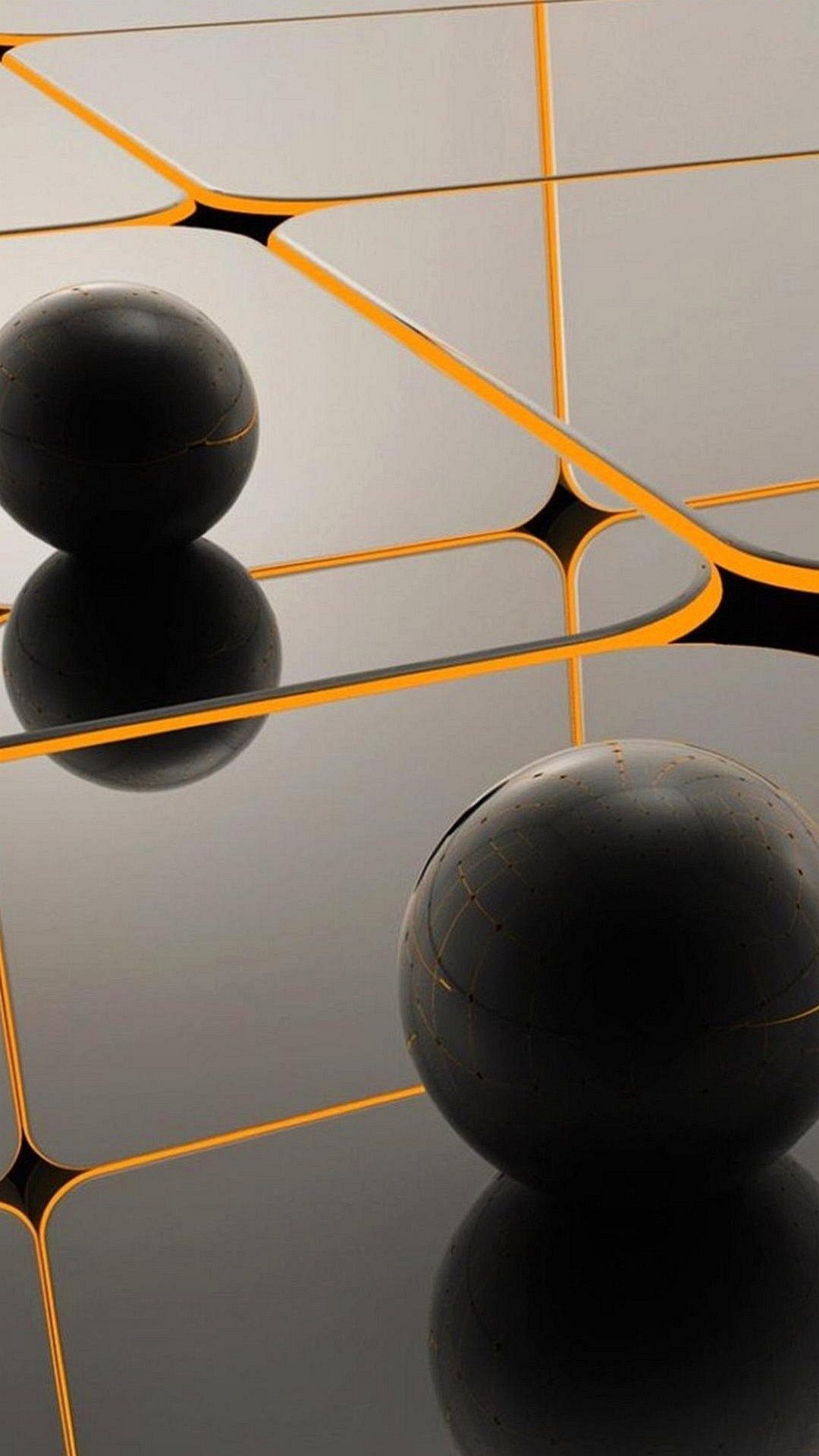 Sfere nere, Arte 3D, Linee arancioni, Astratto, Full HD, sfondo verticale per cellulare