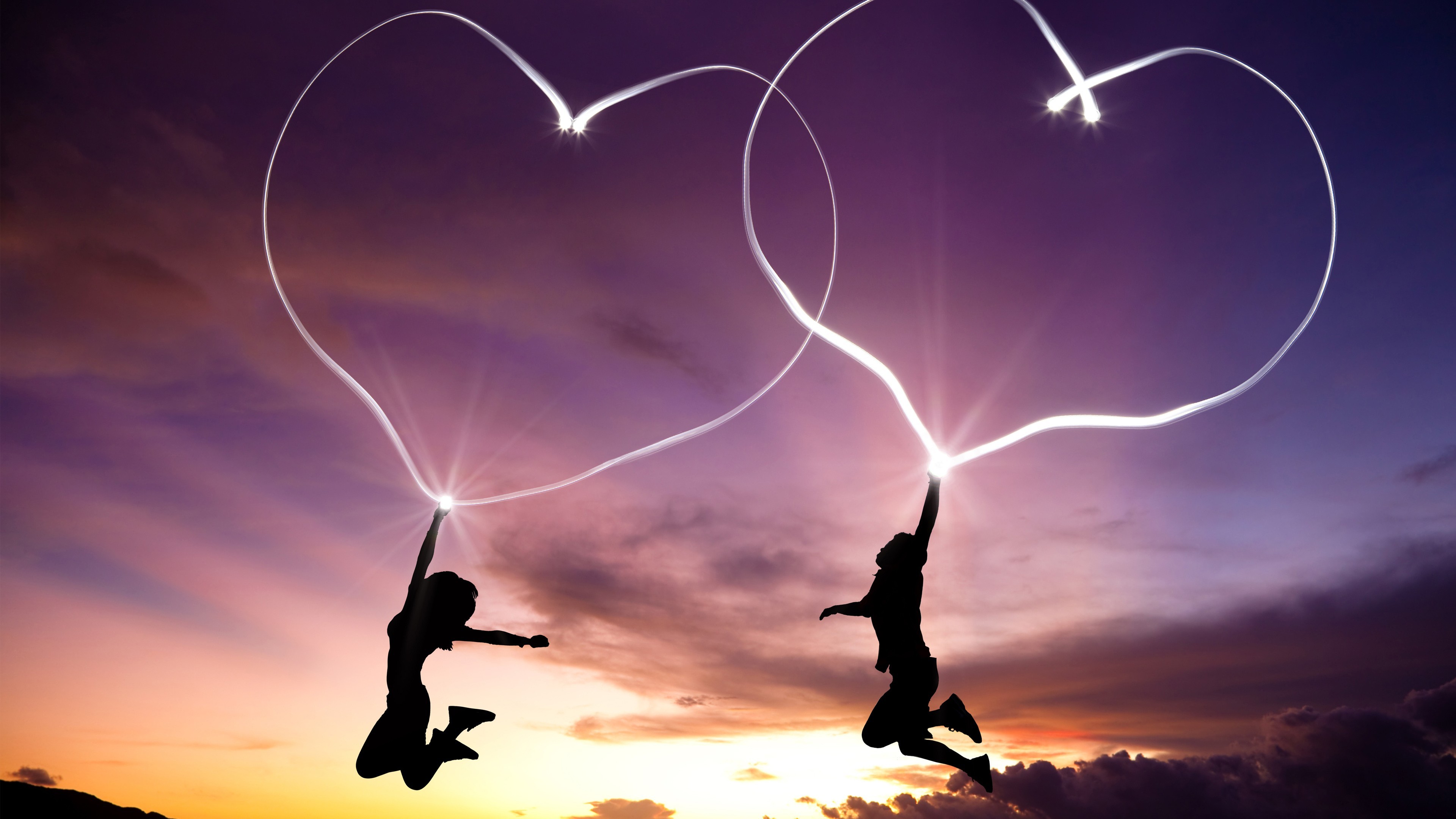 Cuori di luce, Coppia, Silhouette, Tramonto, 4K, sfondo per PC e portatile