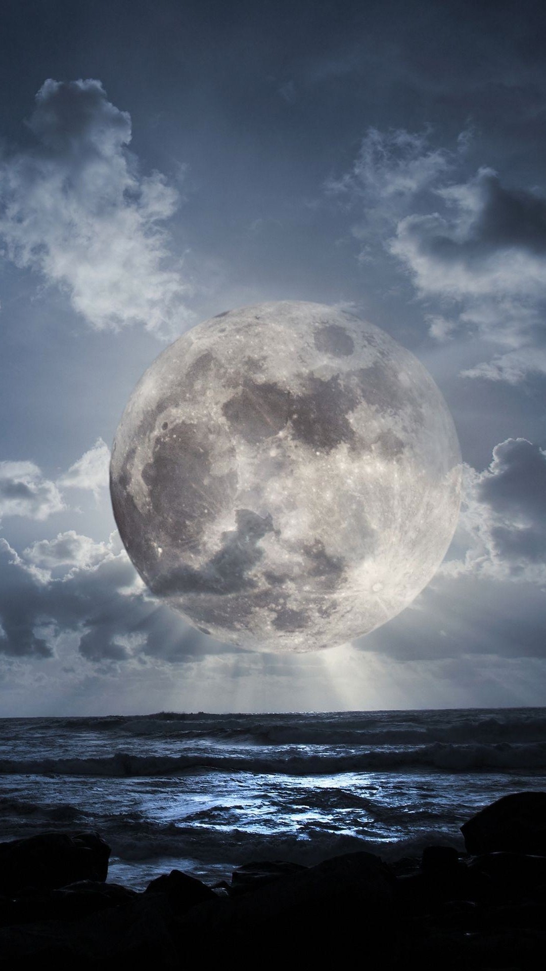 Luna piena, Nuvole, Mare, Notte, sfondo per il tuo smartphone