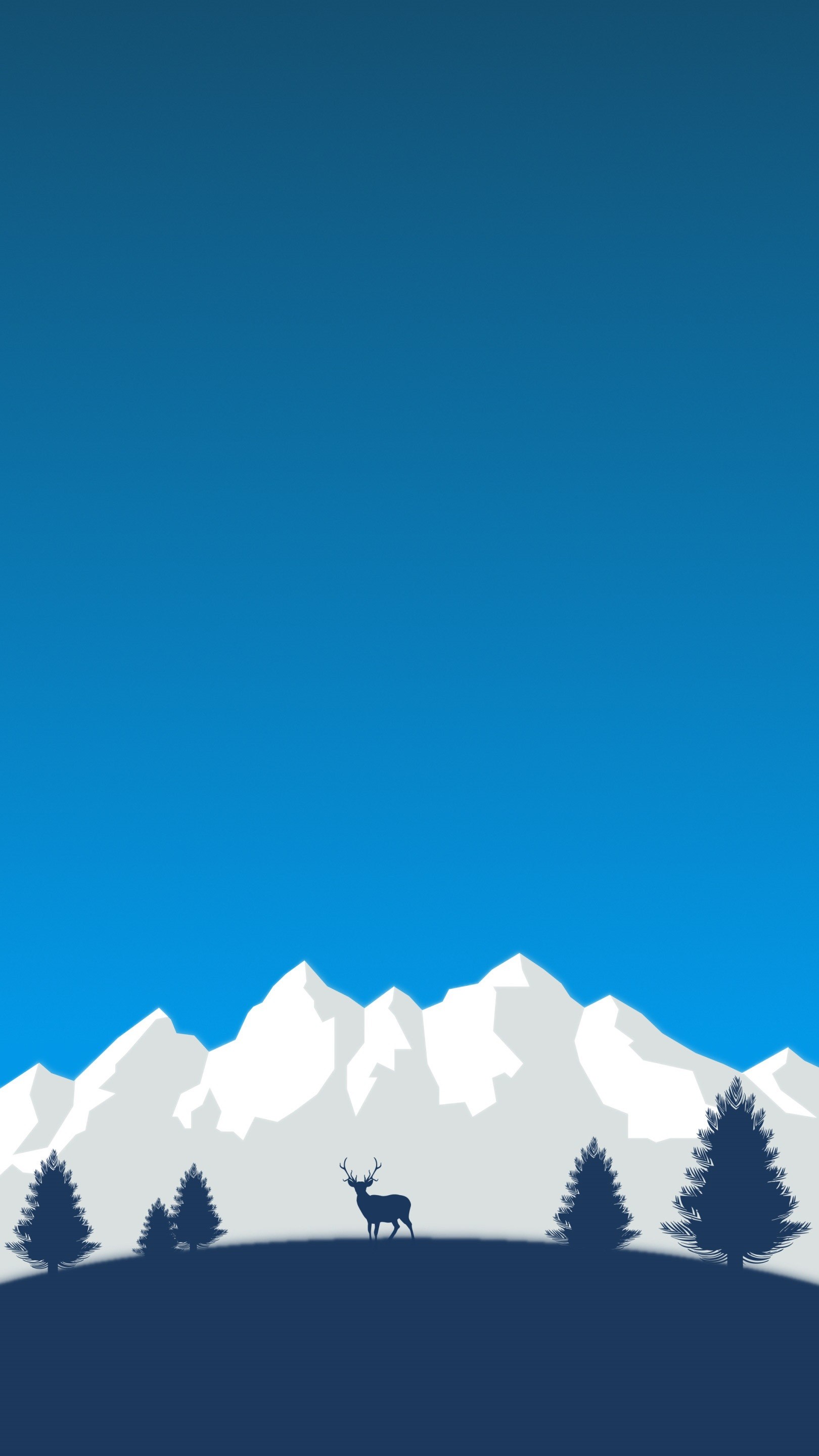 Montagne innevate, Cervo, Abeti, Cielo blu, Flat design, sfondo per iPhone e Android