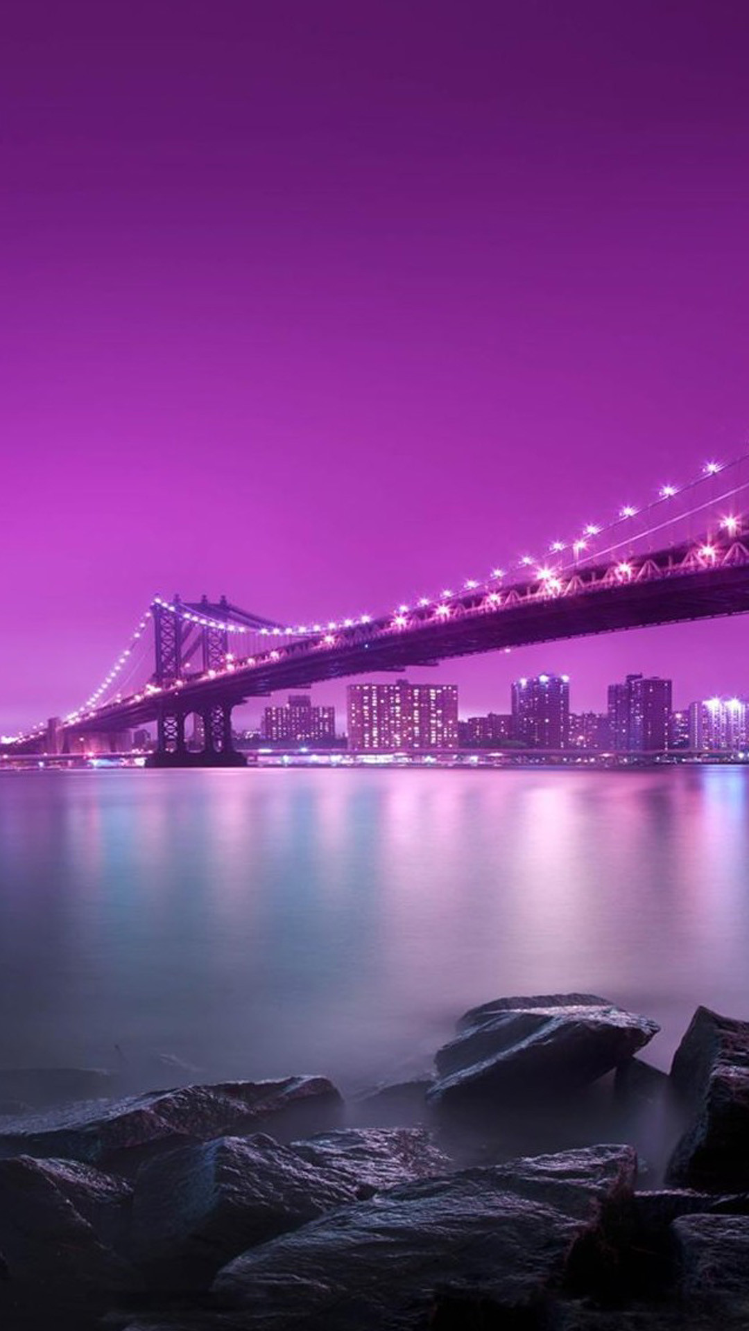 Ponte di Brooklyn, New York, Notte, Viola, Fiume, sfondo iPhone 6S verticale