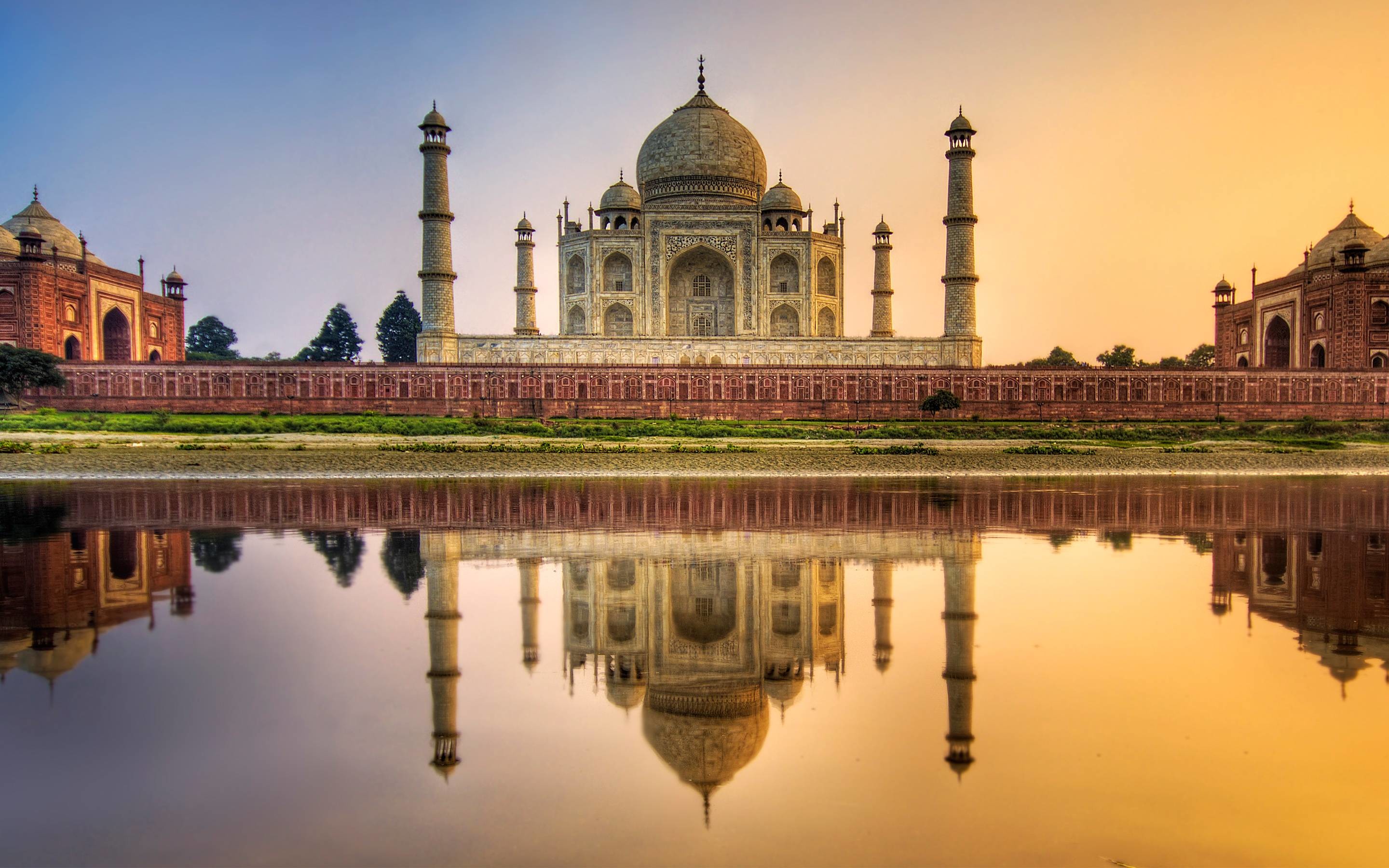Taj Mahal, Agra, India, Riflesso, Tramonto, 2K, wallpaper per portatile
