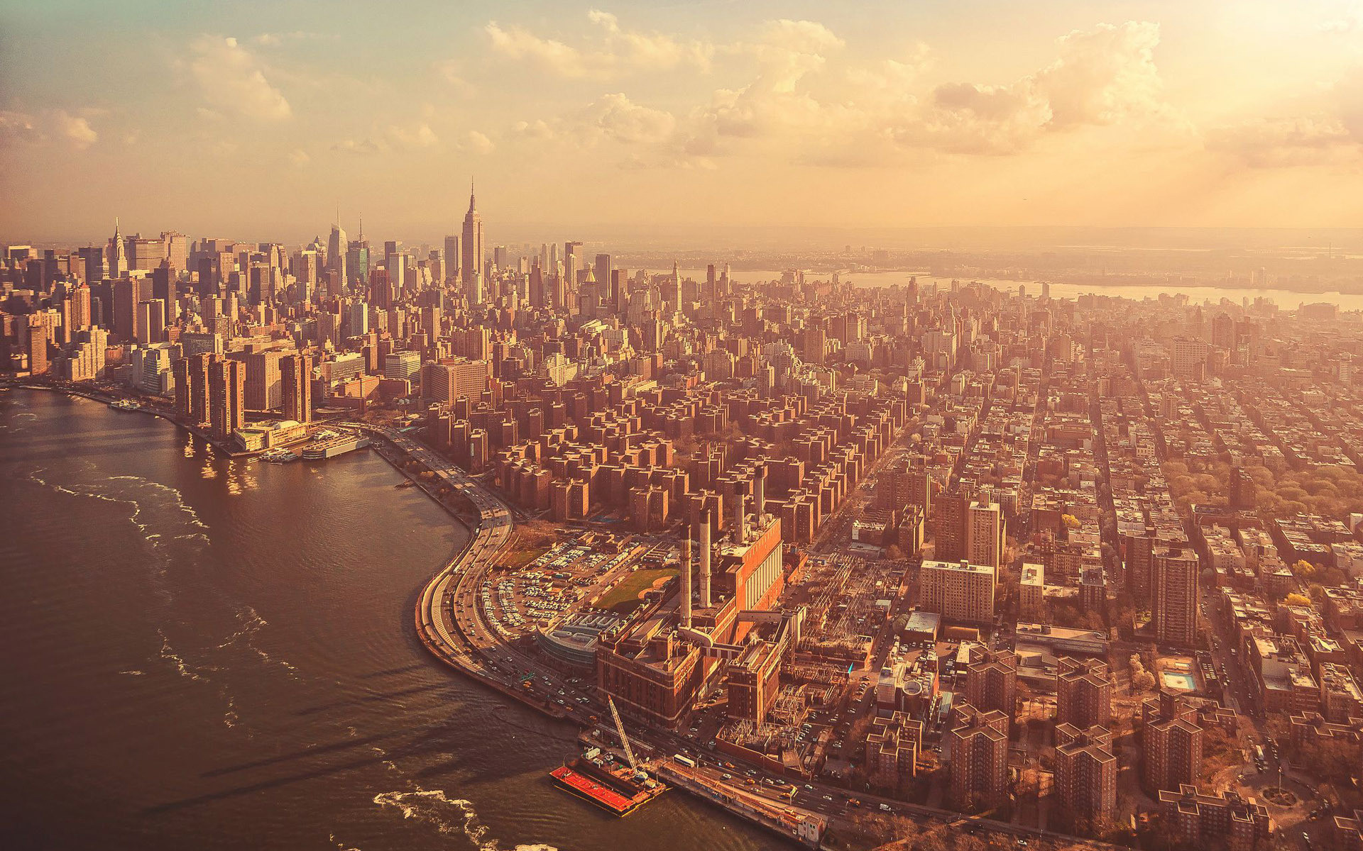 Manhattan, Vista aerea, Fiume Hudson, Tramonto, Full HD, sfondo per portatile