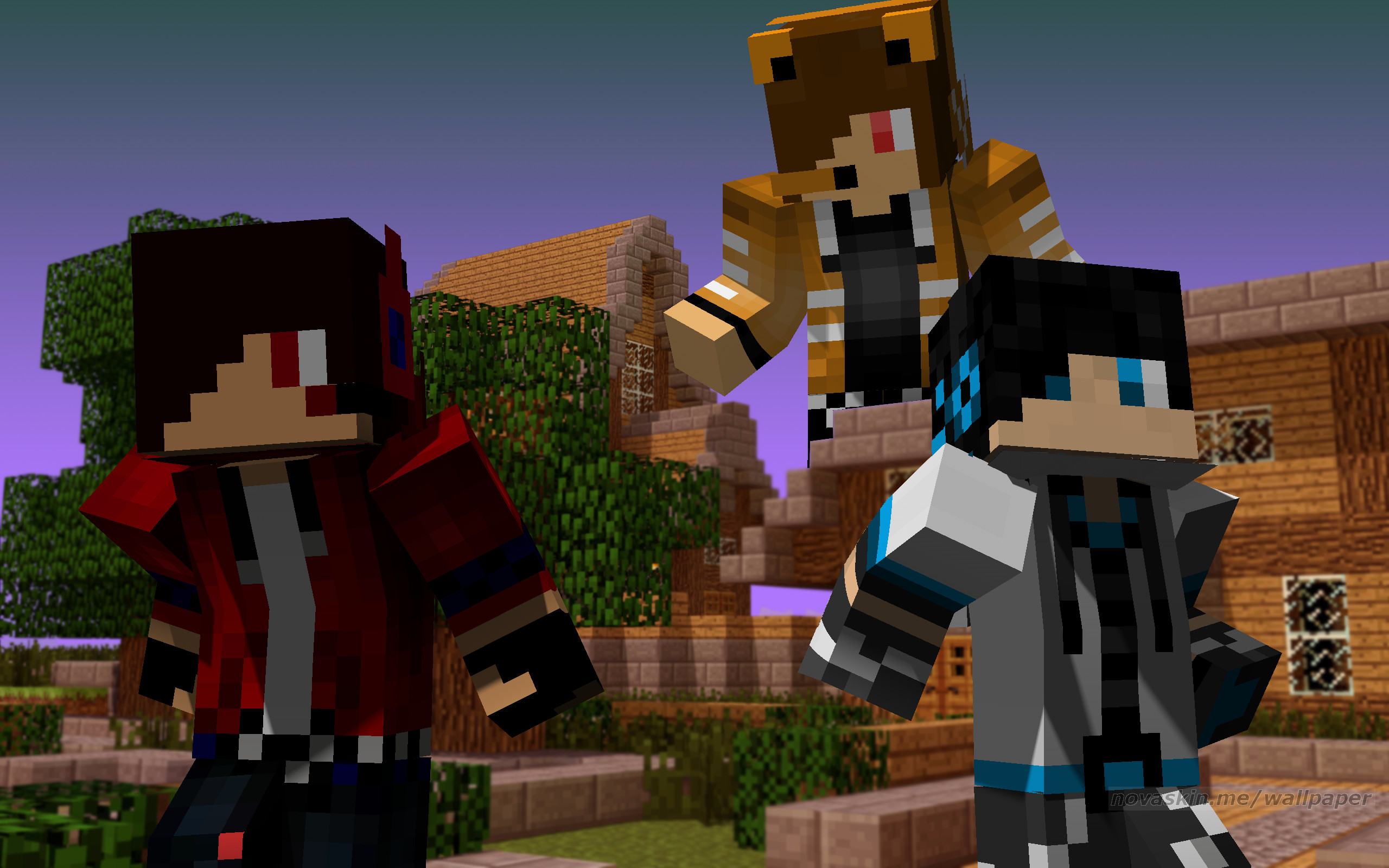 Minecraft, Skin, Gruppo, Villaggio, Tramonto, 2K, sfondo Windows 11