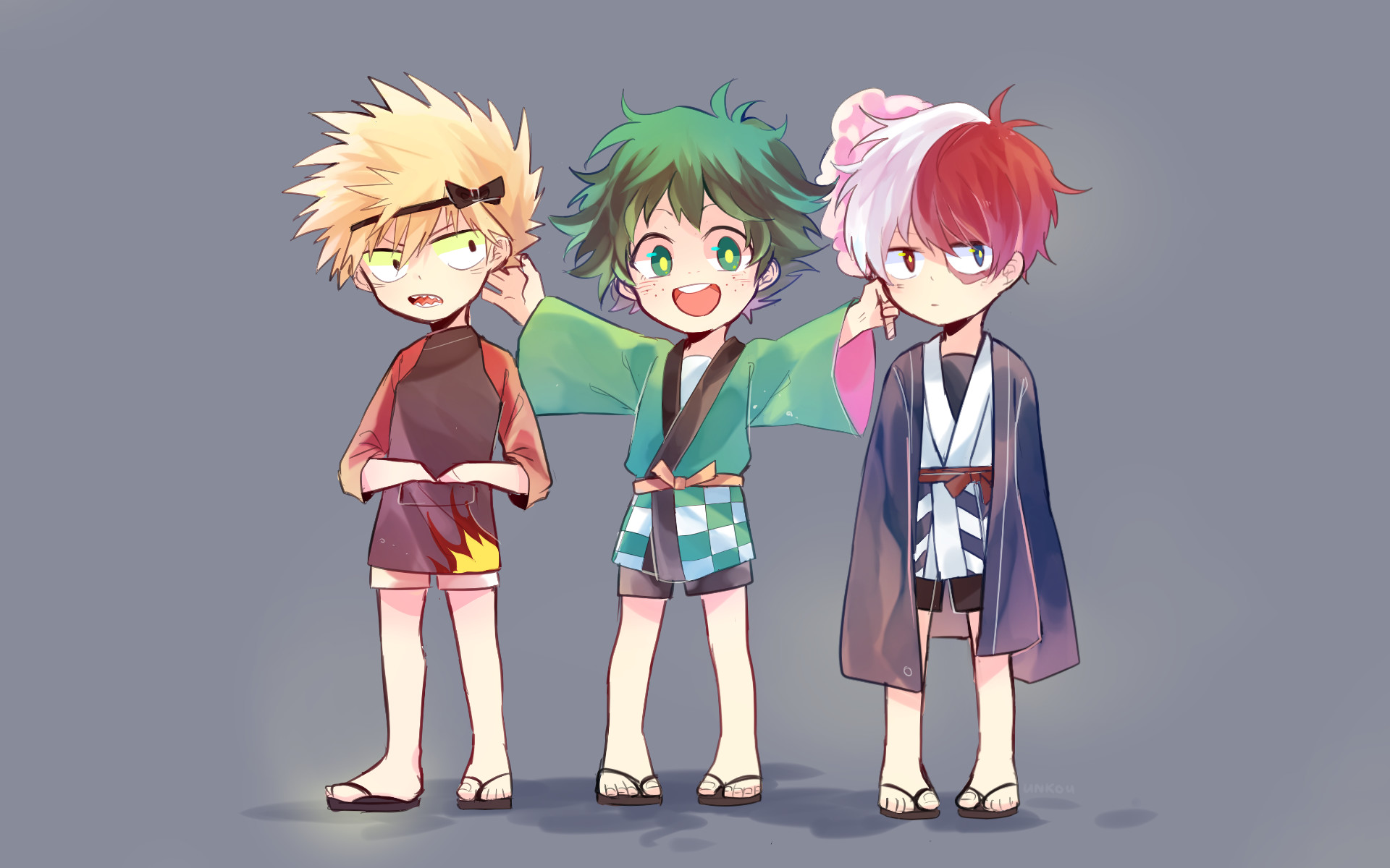 Katsuki Bakugo, Izuku Midoriya, Shoto Todoroki, My Hero Academia, Chibi, Yukata, immagine di sfondo
