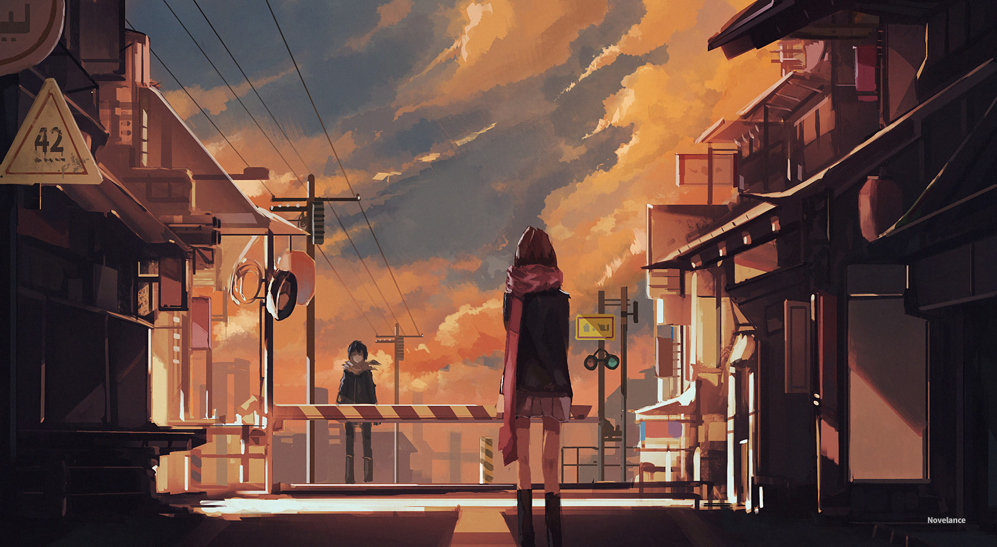 Noragami, Strada, Passaggio a livello, Tramonto, Città, Full HD, sfondo per PC e portatile