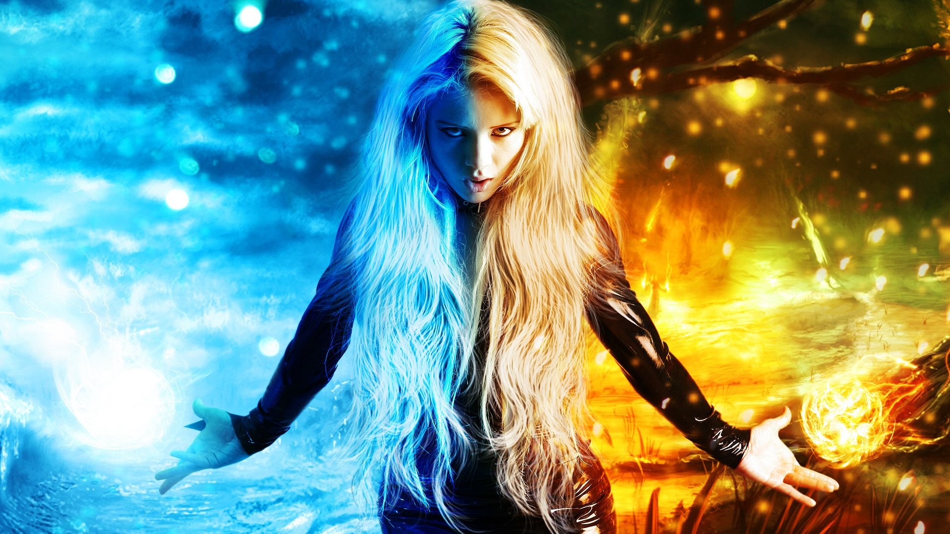 Maga, Ghiaccio e fuoco, Incantesimo, Capelli biondi, Arte digitale, sfondo Full HD per PC