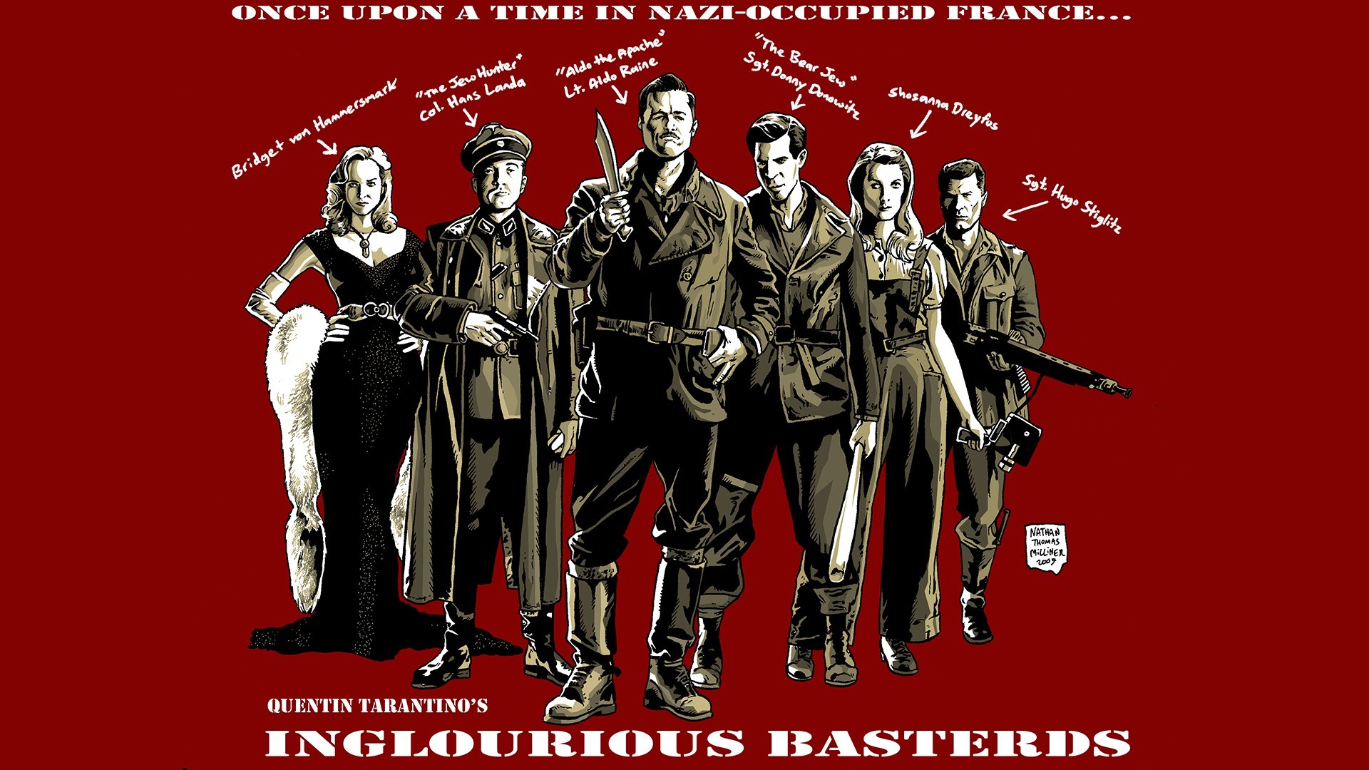 Bastardi senza gloria, Inglourious Basterds, Quentin Tarantino, Illustrazione, Sfondo rosso, wallpaper Full HD