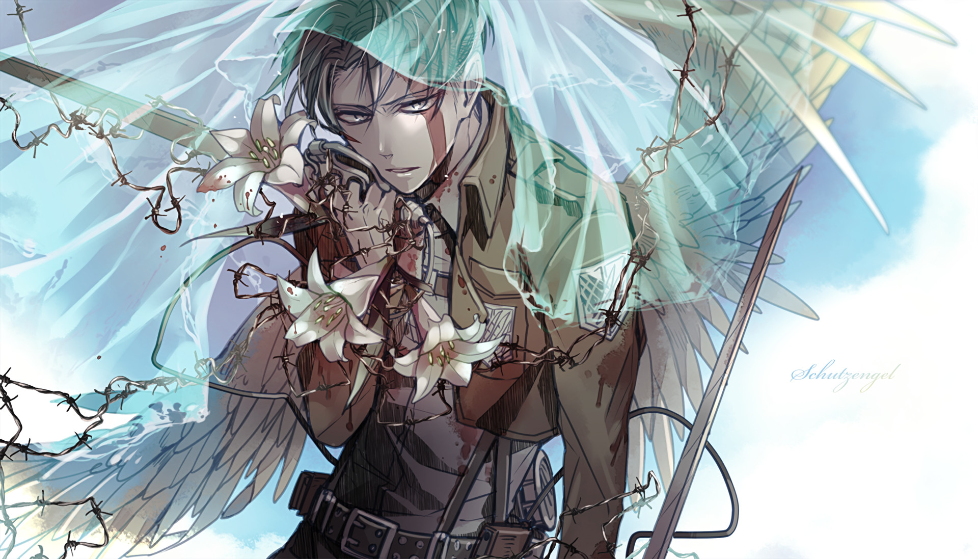Levi Ackerman, L'attacco dei giganti, Gigli, Ali, Acquerello, Full HD, sfondo desktop