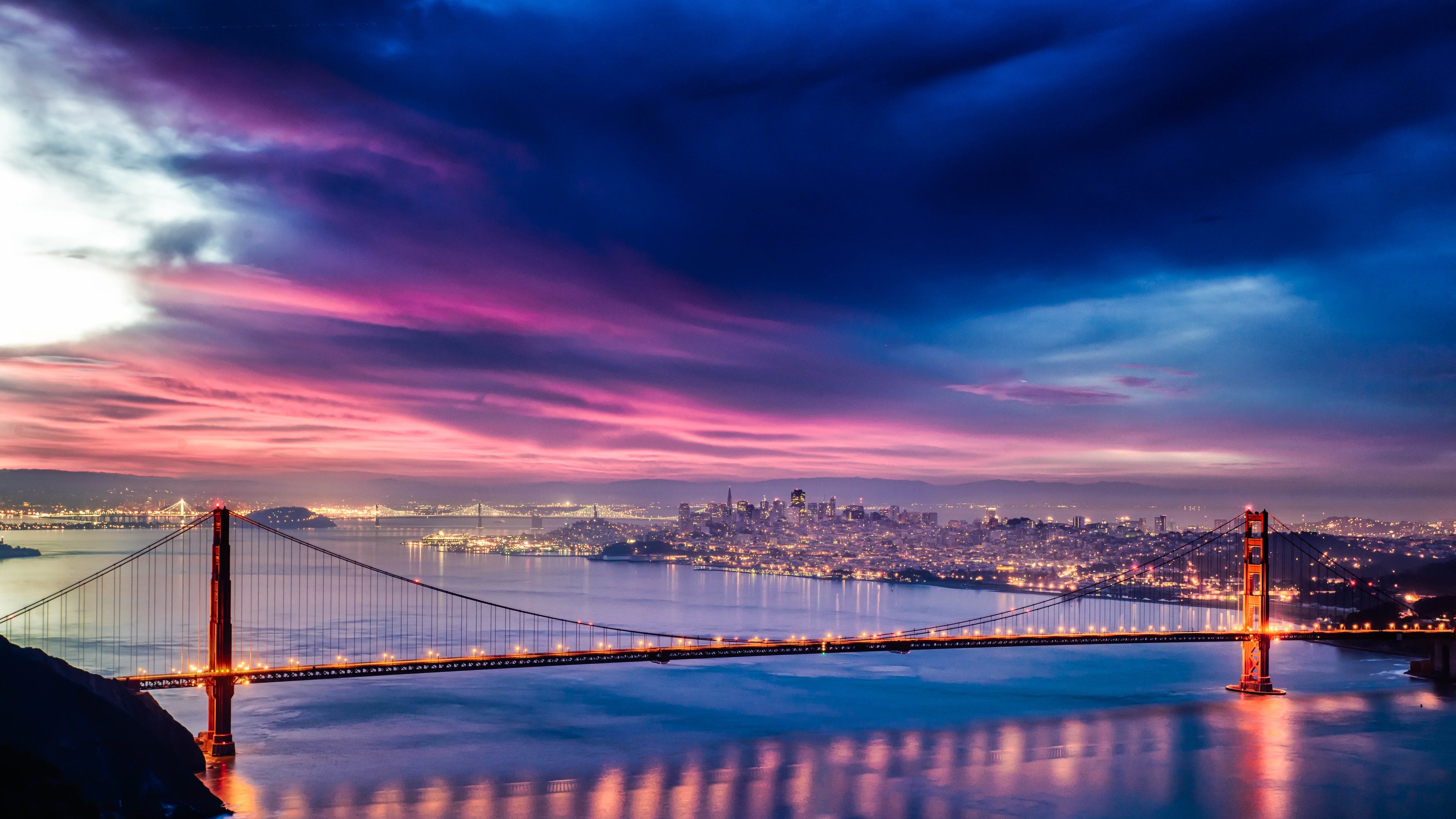 Golden Gate Bridge, San Francisco, Notte, Cielo viola, 4K, wallpaper desktop
