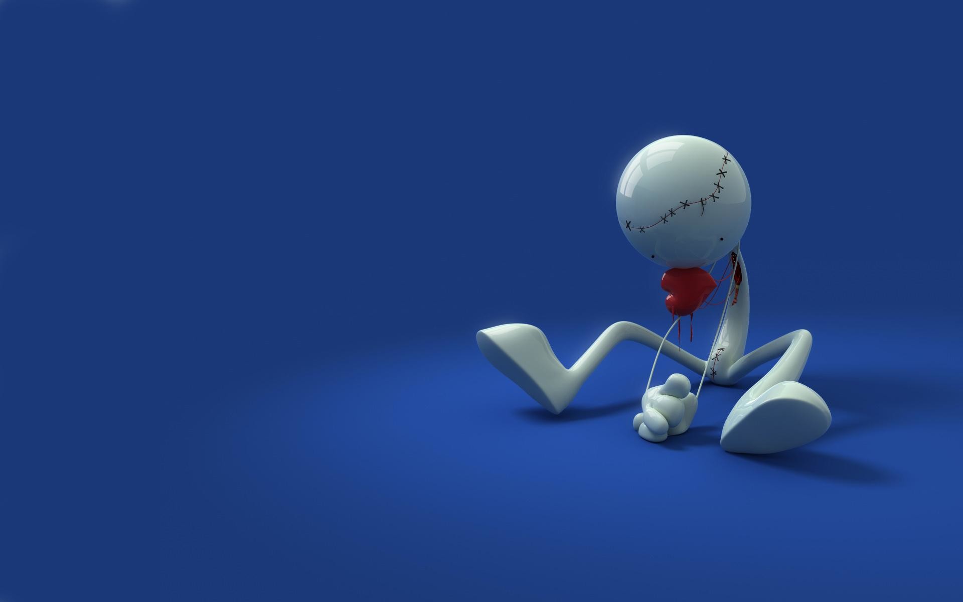Omino 3D, Cuore, Tristezza, Sfondo blu, wallpaper per desktop