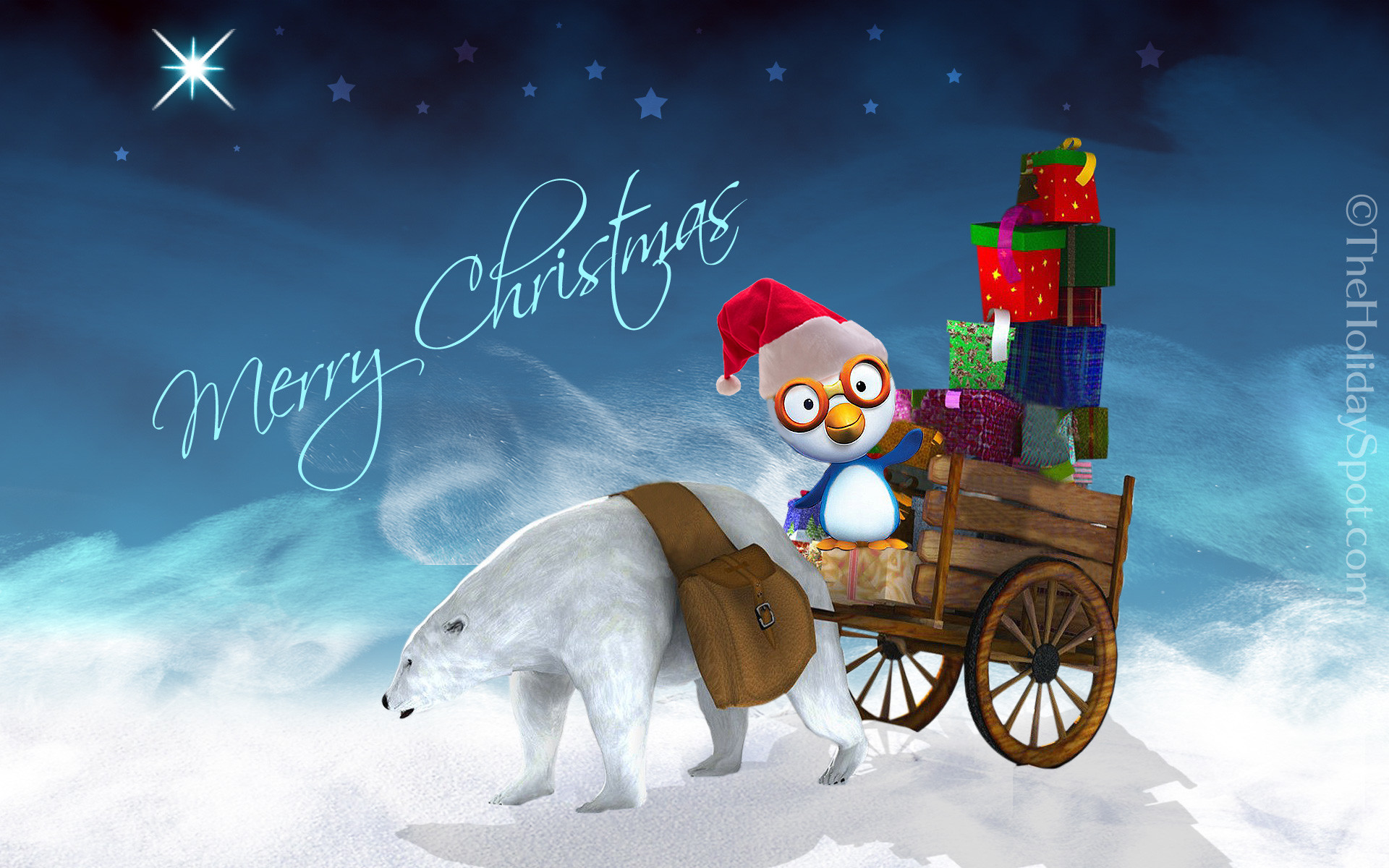 Orso polare, Pinguino, Carretto, Regali, Merry Christmas, Full HD, sfondo per PC