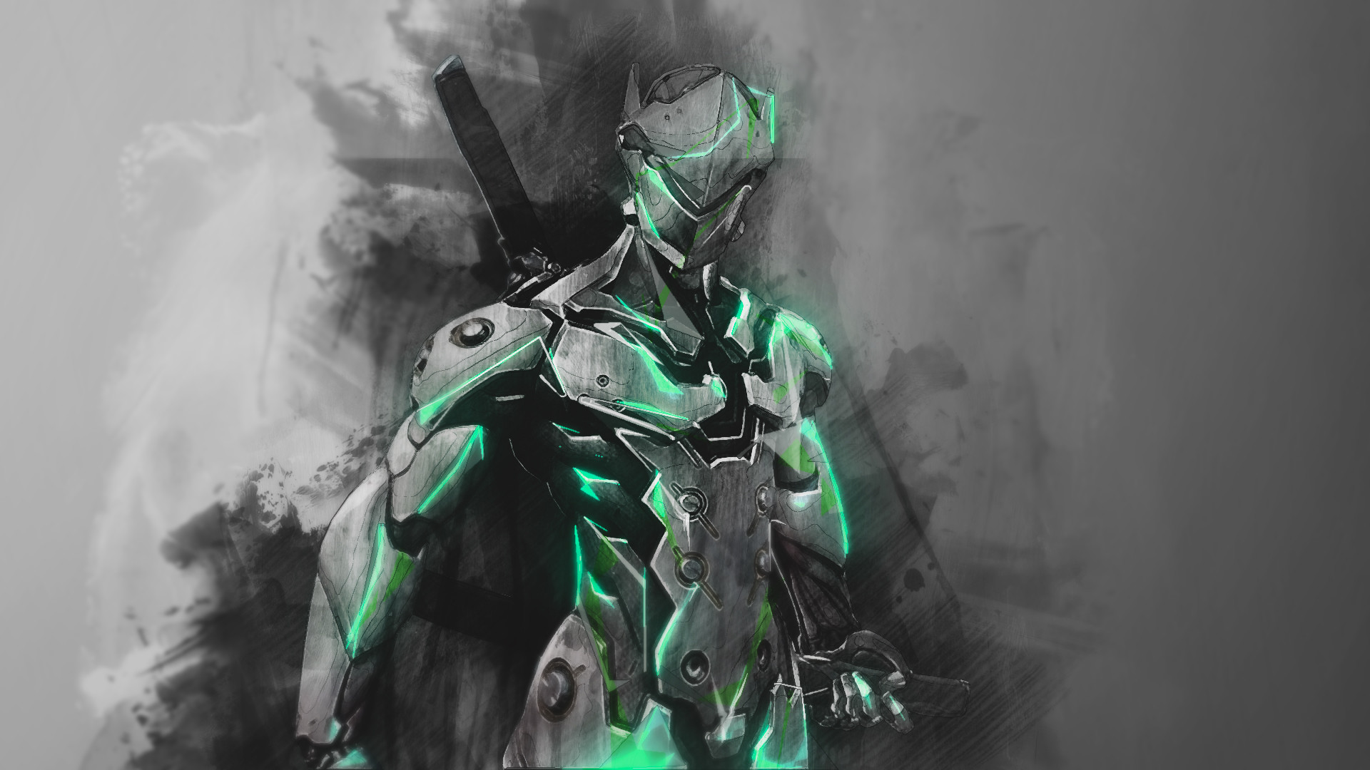 Genji, Overwatch, Acquerello, Grigio e verde, Full HD, sfondo per portatile