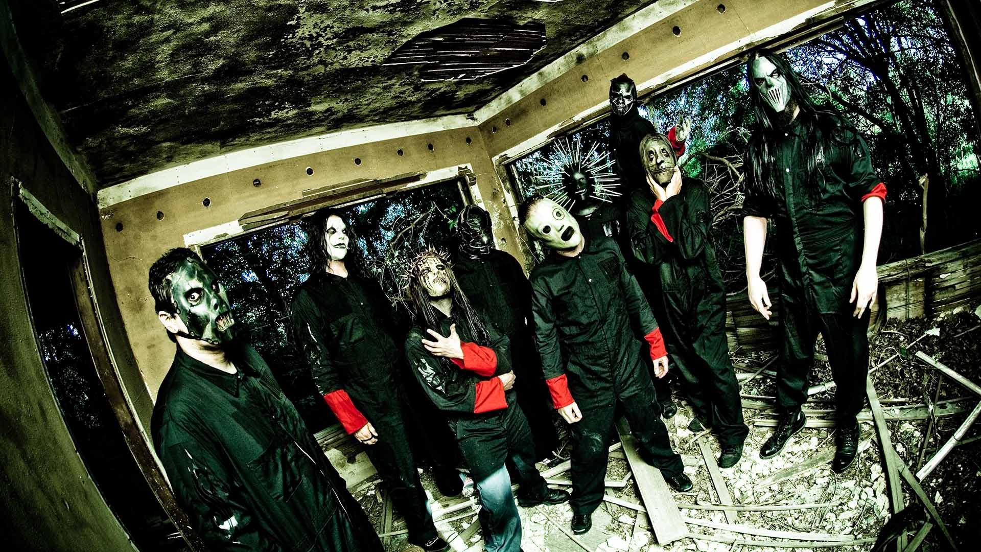 Slipknot, Foto di gruppo, Fisheye, Maschere, 1920x1080, sfondo per PC