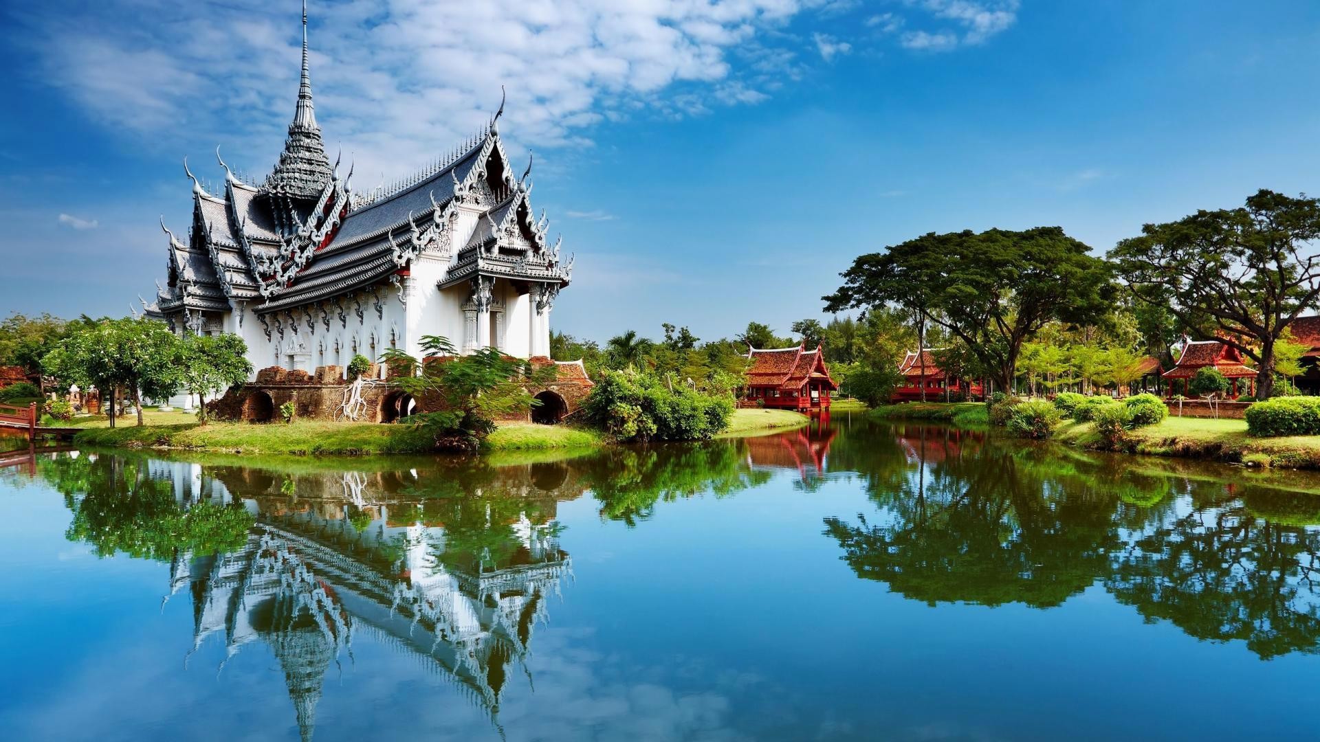Sanphet Prasat, Ancient Siam, Thailandia, Tempio, Lago, Full HD, sfondo per desktop