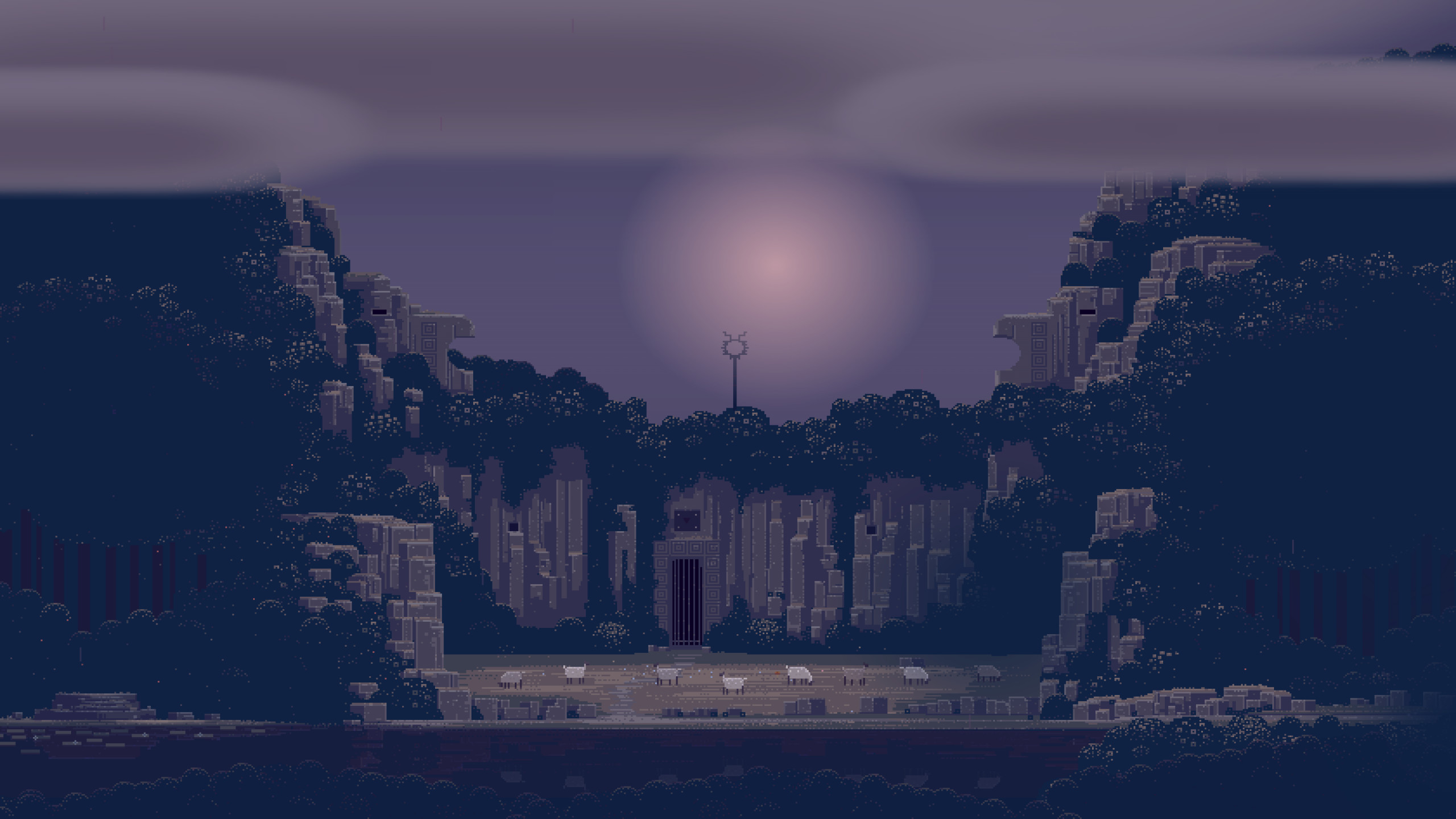 Pixel art, Rovine, Foresta, Crepuscolo, 2K, sfondo desktop