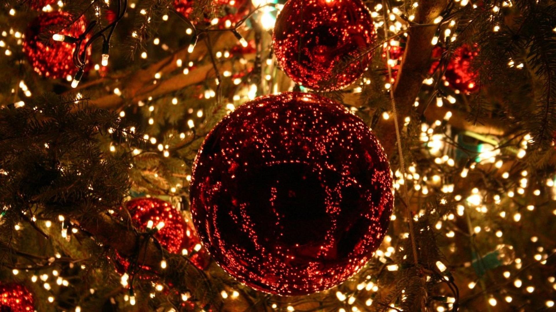 Pallina rossa, Luci natalizie, Bokeh, Full HD, sfondo per PC e portatile