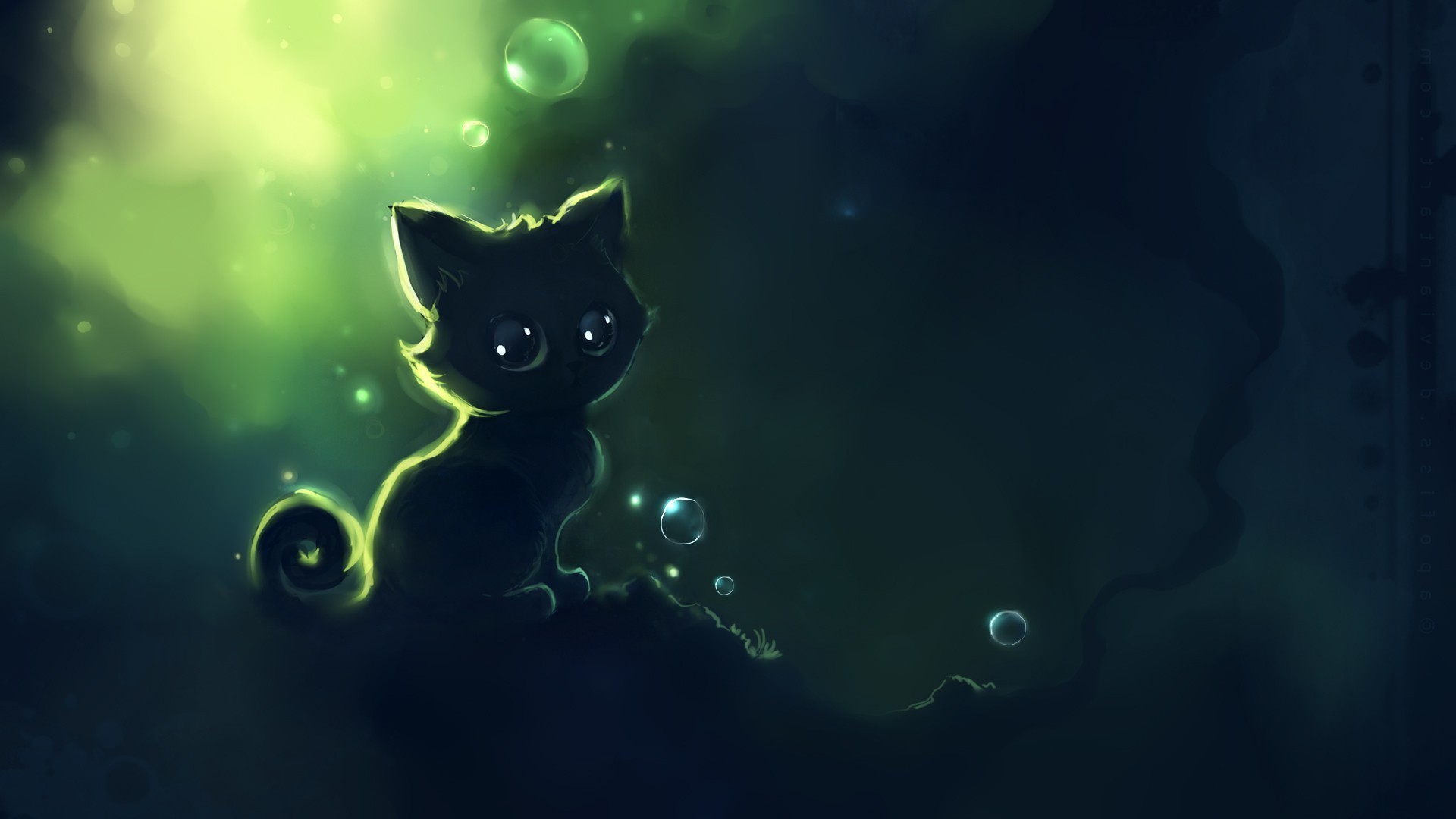 Gattino, Bolle, Verde, Apofiss, Arte digitale, Full HD, sfondo per portatile