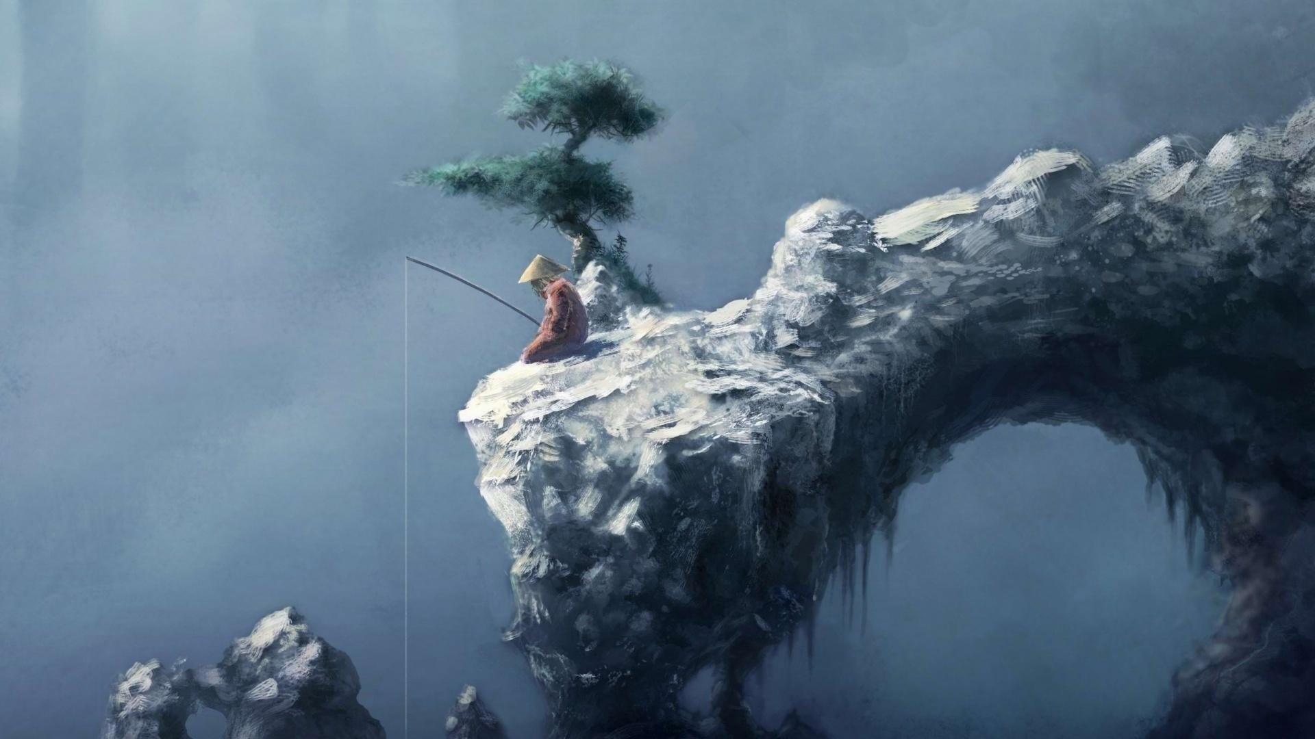 Arco di roccia, Pescatore, Albero, Pittura digitale, Nebbia, 1920x1080, immagine di sfondo