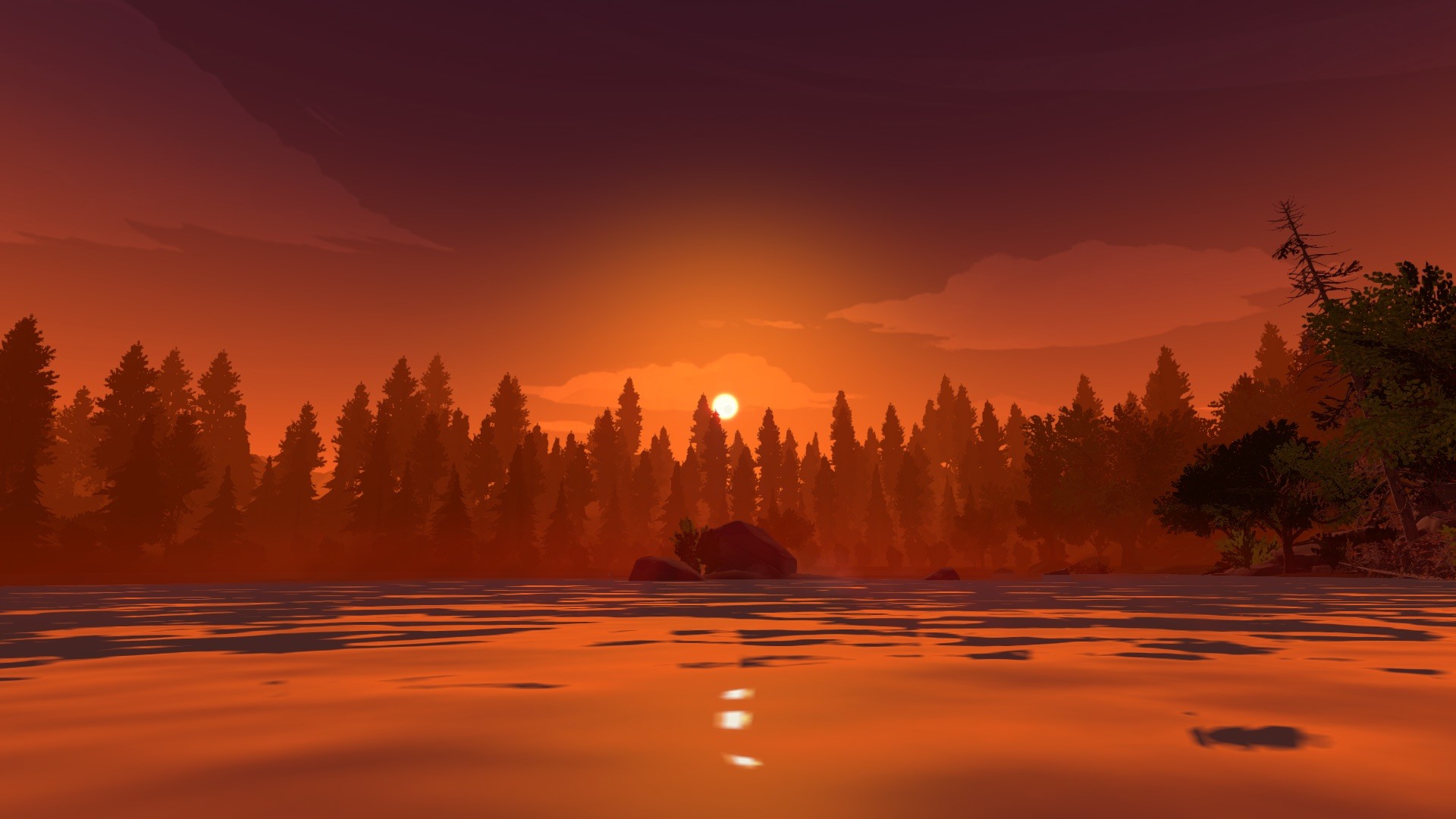 Firewatch, Lago, Tramonto, Riflesso, Full HD, wallpaper desktop