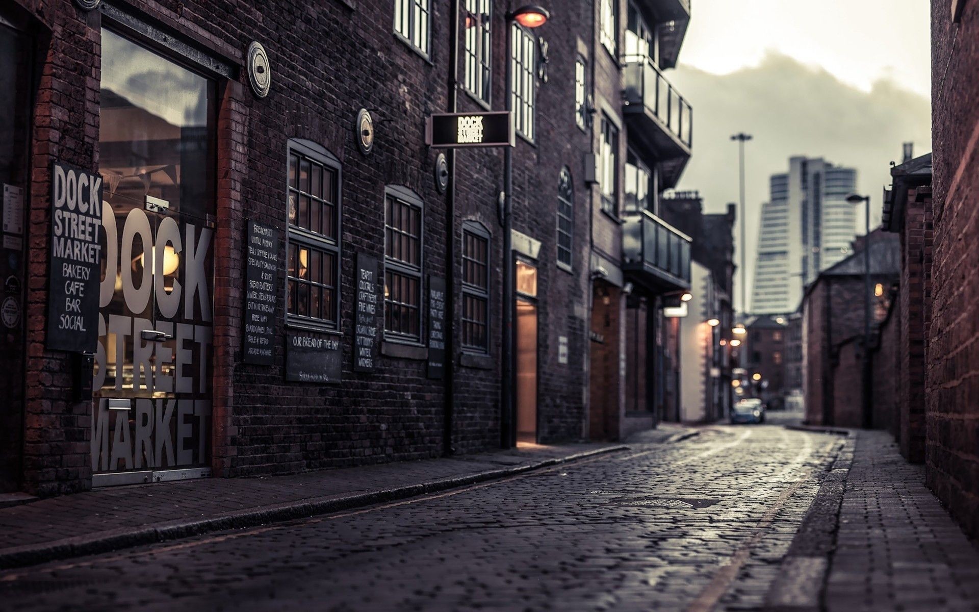 Dock Street Market, Vicolo, Strada acciottolata, Edifici in mattoni, sfondo desktop Full HD
