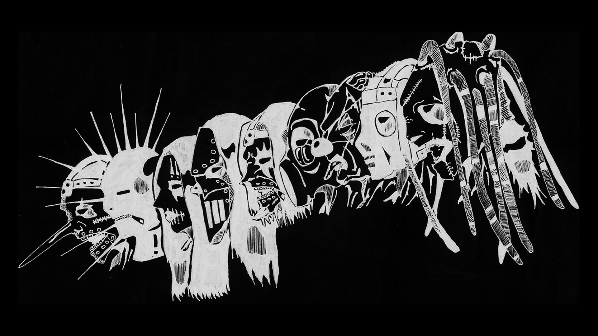 Slipknot, Maschere, Illustrazione, Bianco e nero, Full HD, sfondo desktop