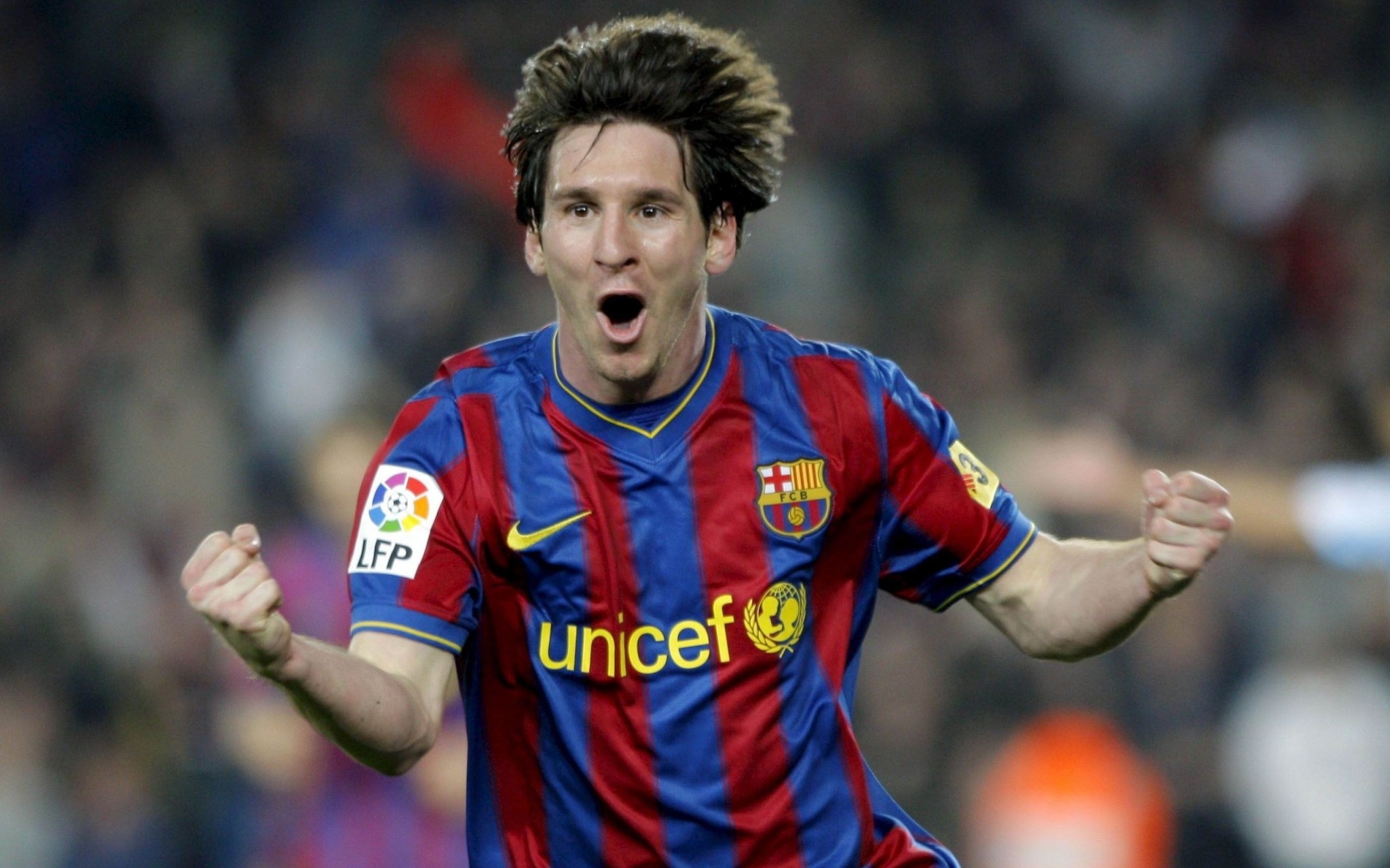 Lionel Messi, FC Barcelona, Esultanza, Unicef, 16:10 Full HD, sfondo widescreen