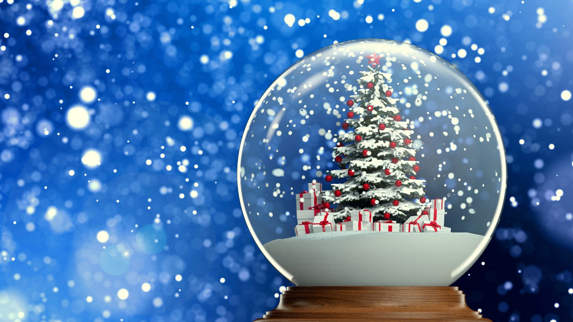 Palla di neve, Albero di Natale, Regali, Nevicata, Full HD, wallpaper per portatile