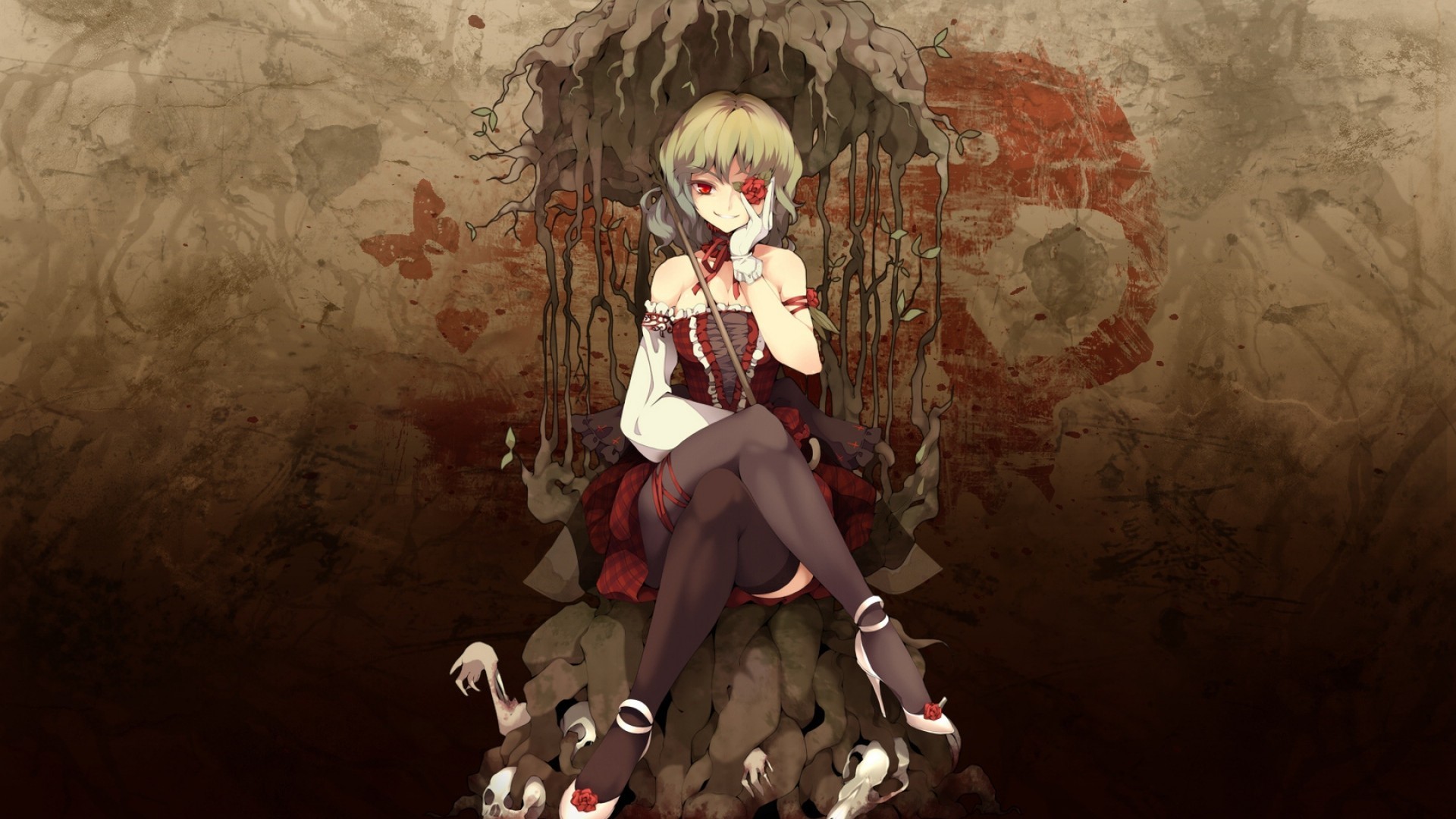 Ragazza anime, Lolita gotica, Trono, Seppia, 16:9 Full HD, sfondo widescreen