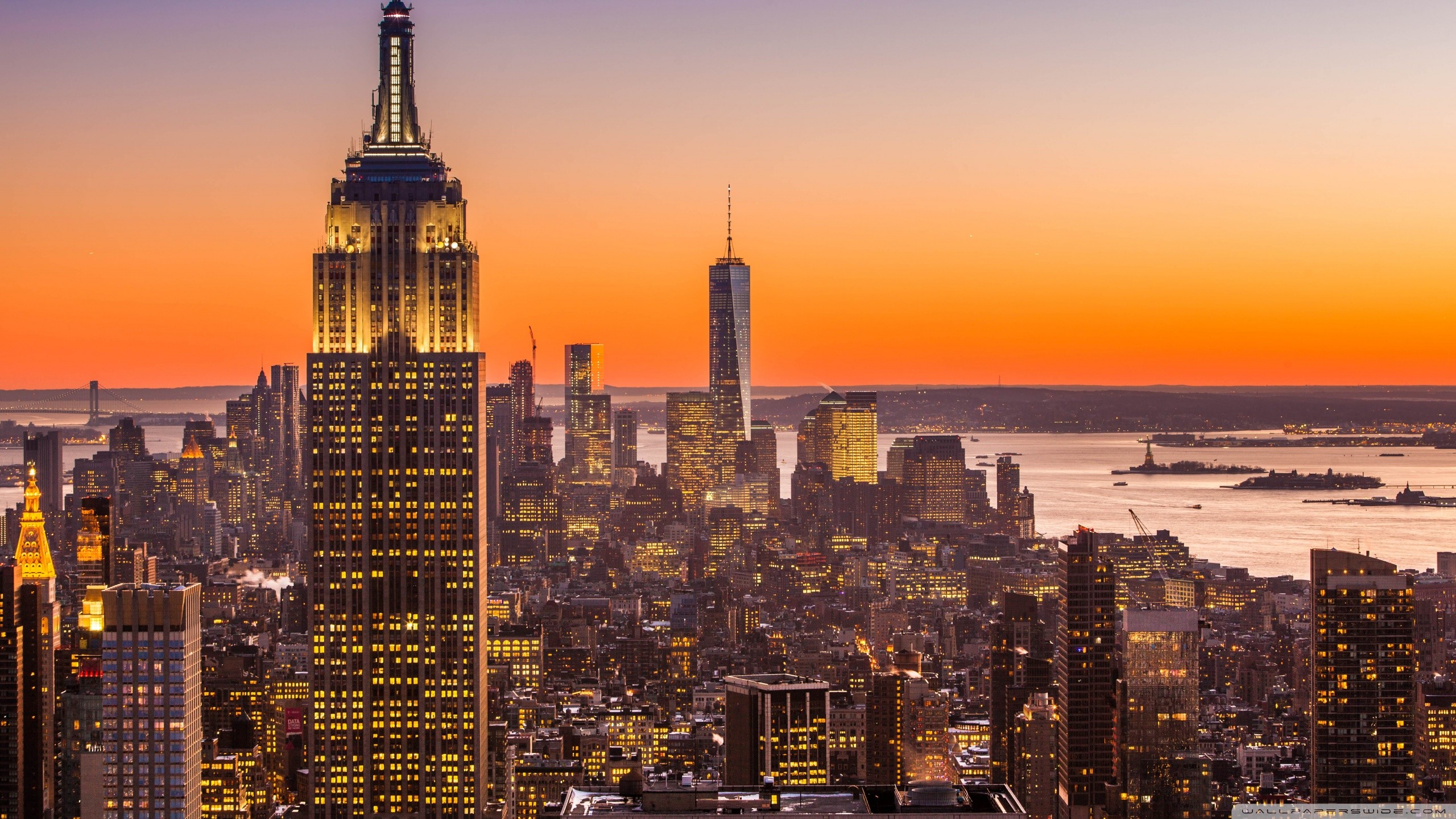 Empire State Building, One World Trade Center, Statua della Libertà, Tramonto, sfondo 1440p