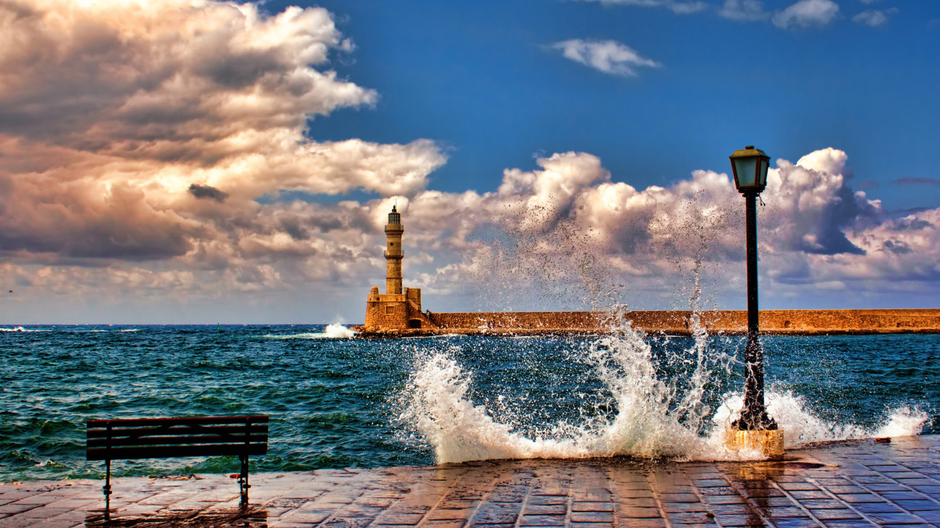 Faro di Chania, Creta, Grecia, Onde, Lungomare, Full HD, sfondo per PC