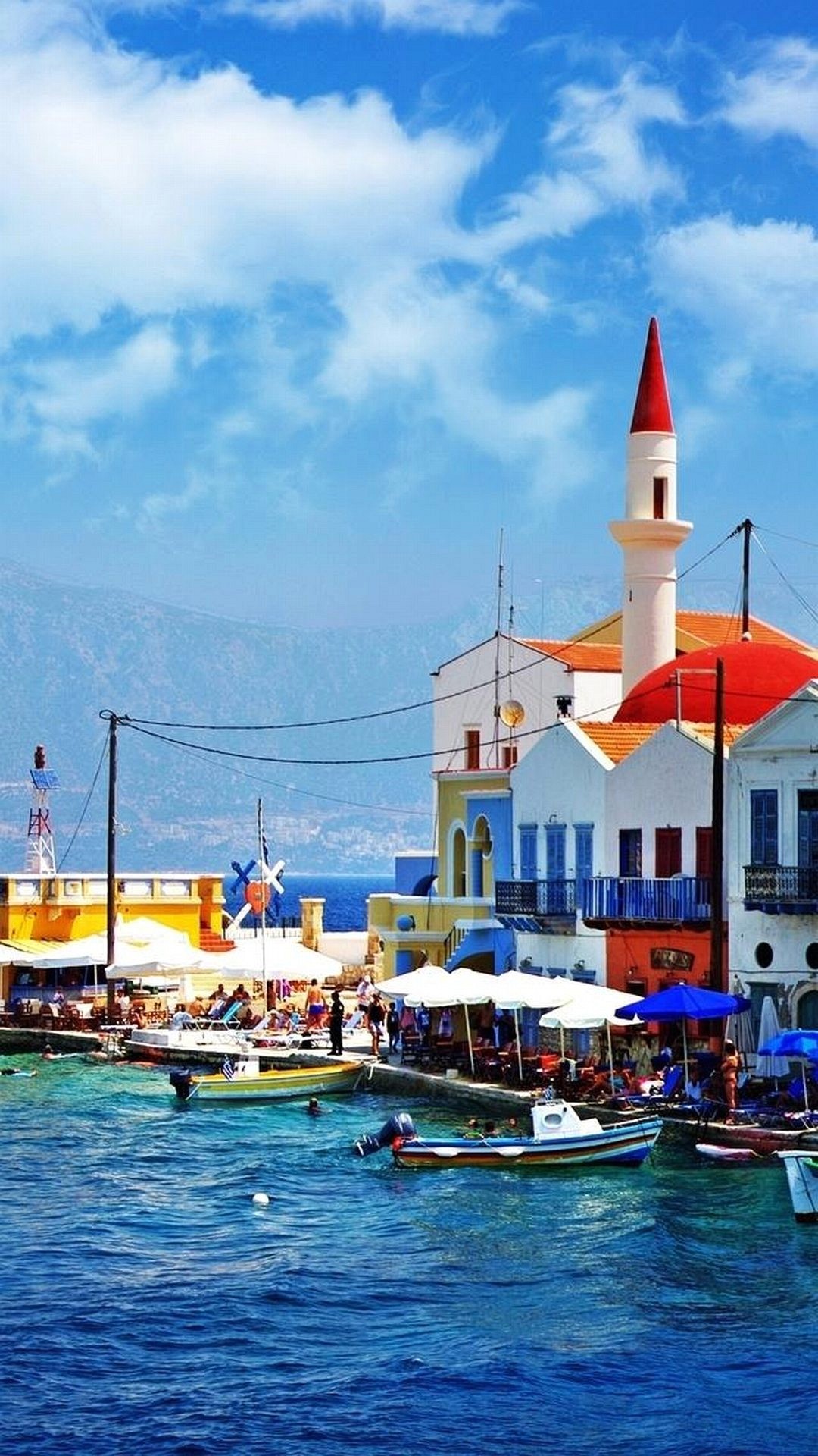 Porto, Grecia, Mare, Barche, Moschea, Full HD, sfondo per smartphone
