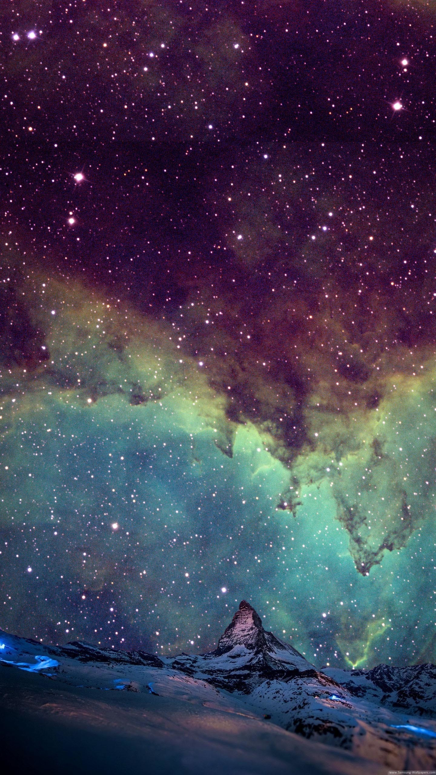 Nebulosa, Montagne innevate, Cielo stellato, Viola, Verde acqua, sfondo verticale per cellulare