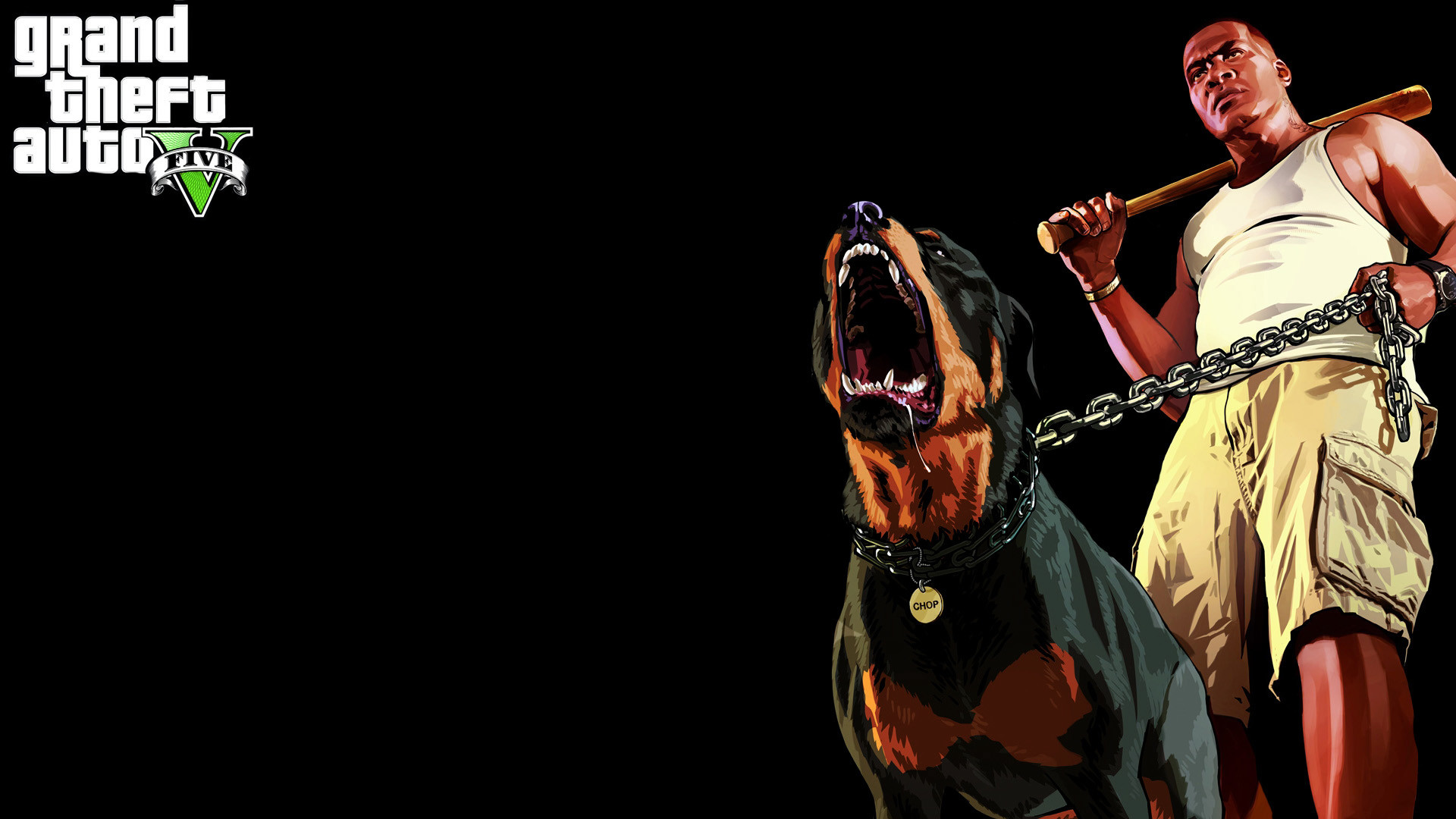 Grand Theft Auto V, Franklin Clinton, Chop, Sfondo nero, Full HD, wallpaper per computer