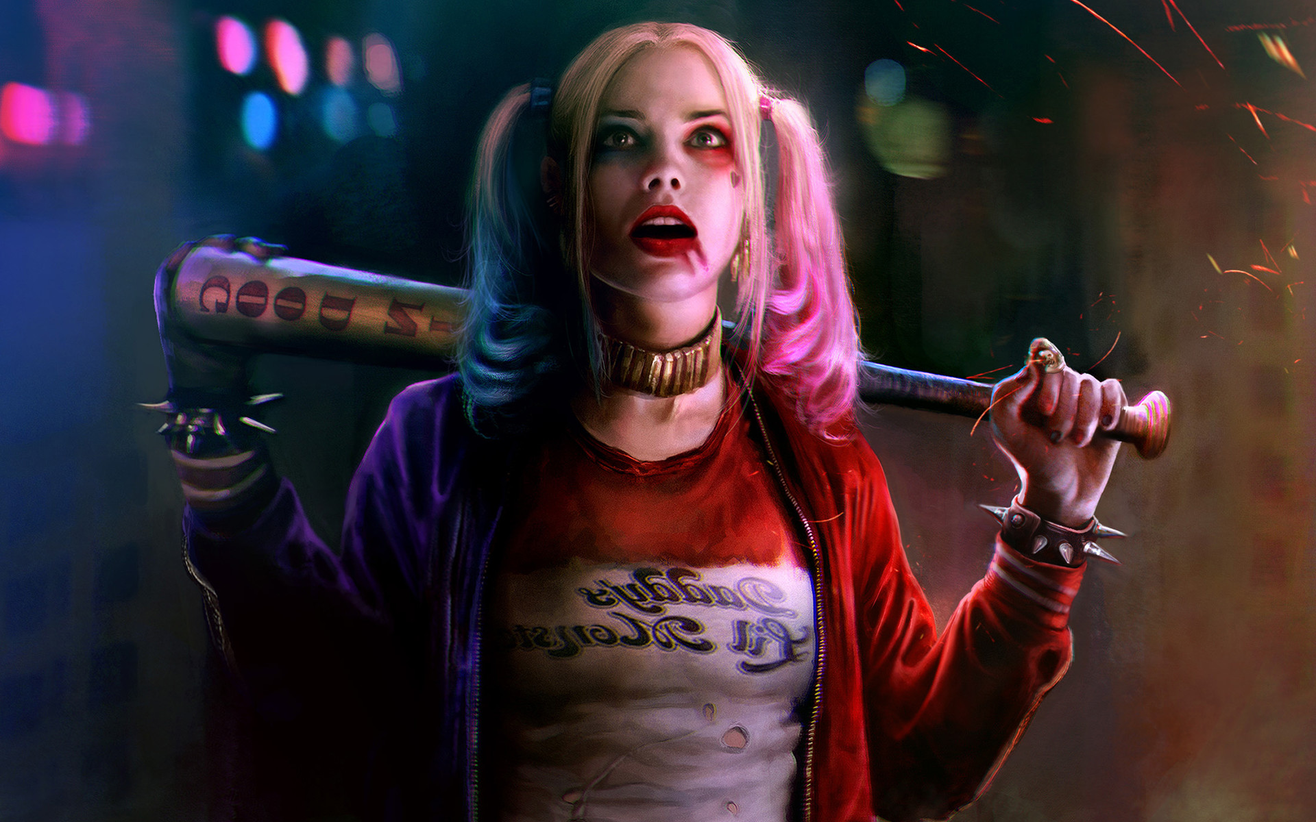 Harley Quinn, Margot Robbie, Suicide Squad, Mazza da baseball, Neon, sfondo 16:10 Full HD