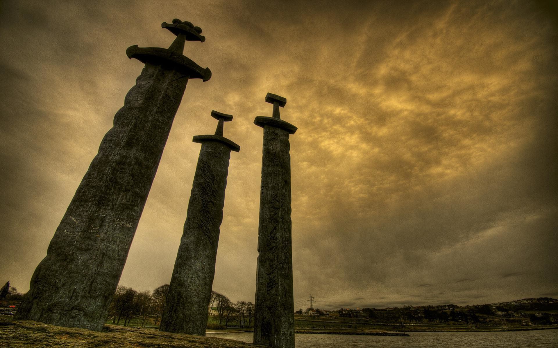 Sverd i fjell, Stavanger, Norvegia, Spade nella roccia, Cielo dorato, sfondo desktop Full HD