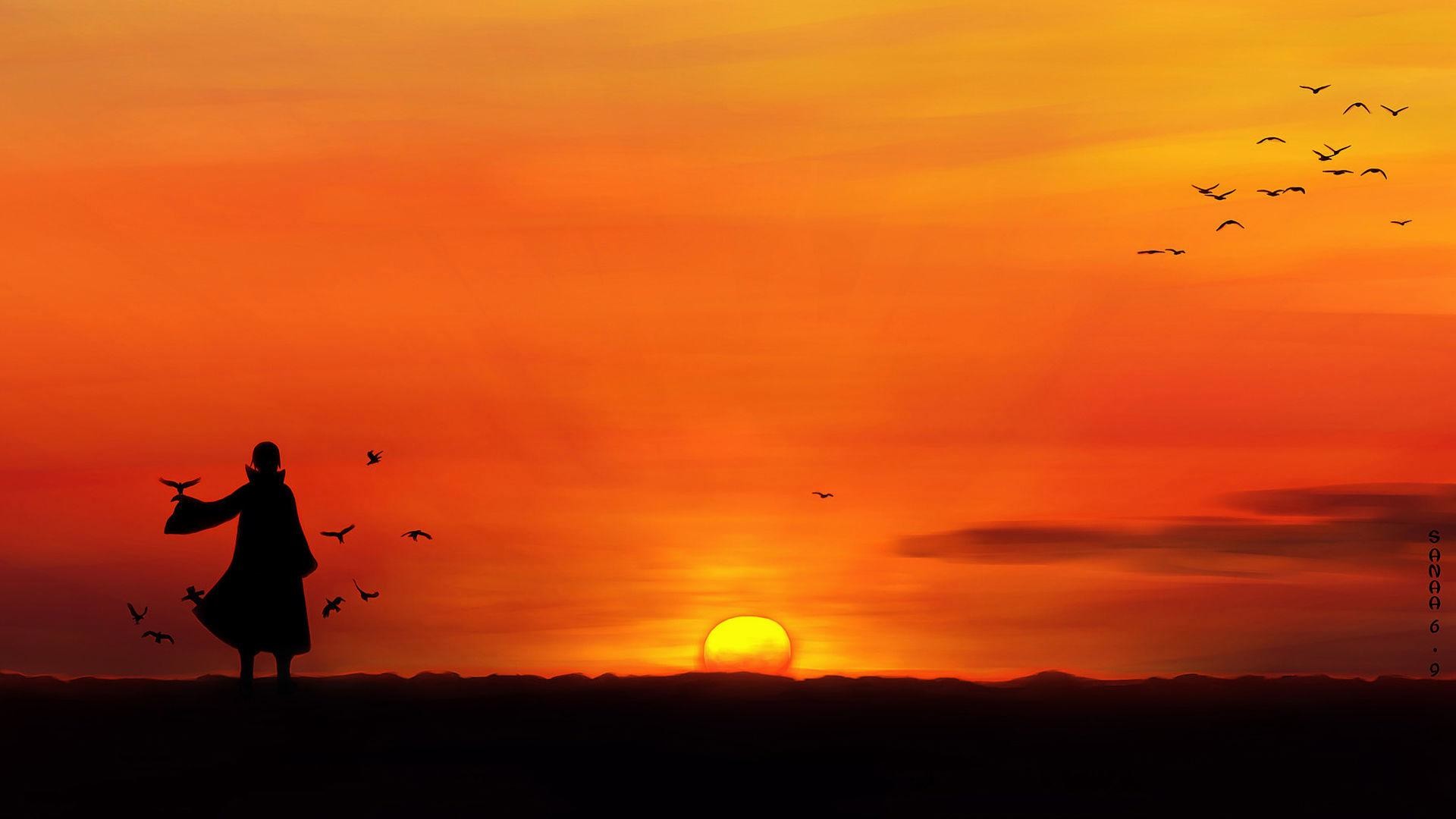 Itachi Uchiha, Tramonto, Corvi, Silhouette, 16:9 Full HD, sfondo widescreen
