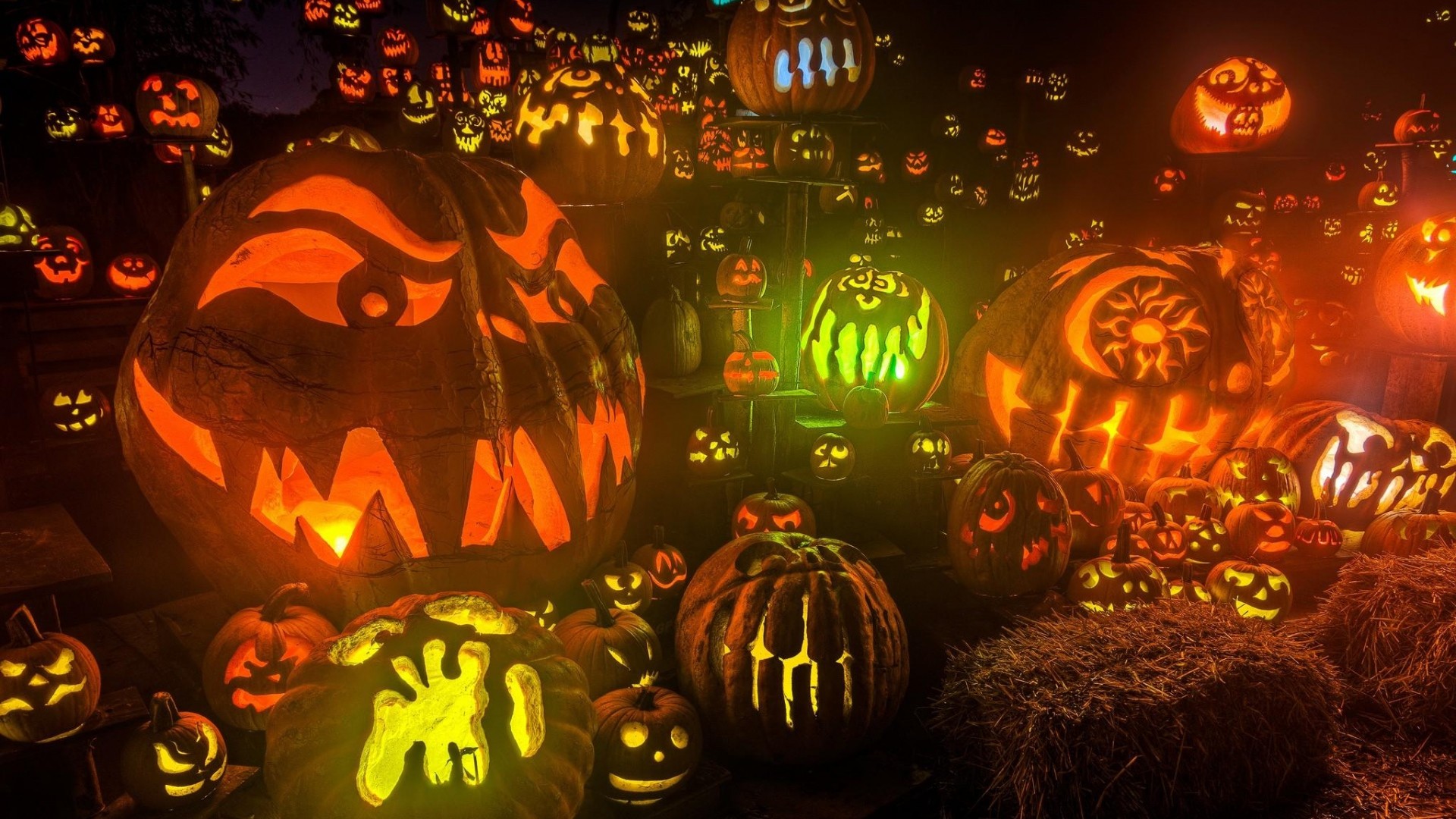 Jack-o'-lantern, Zucche intagliate, Notte, Luci, Arancione, 1920x1080, immagine di sfondo