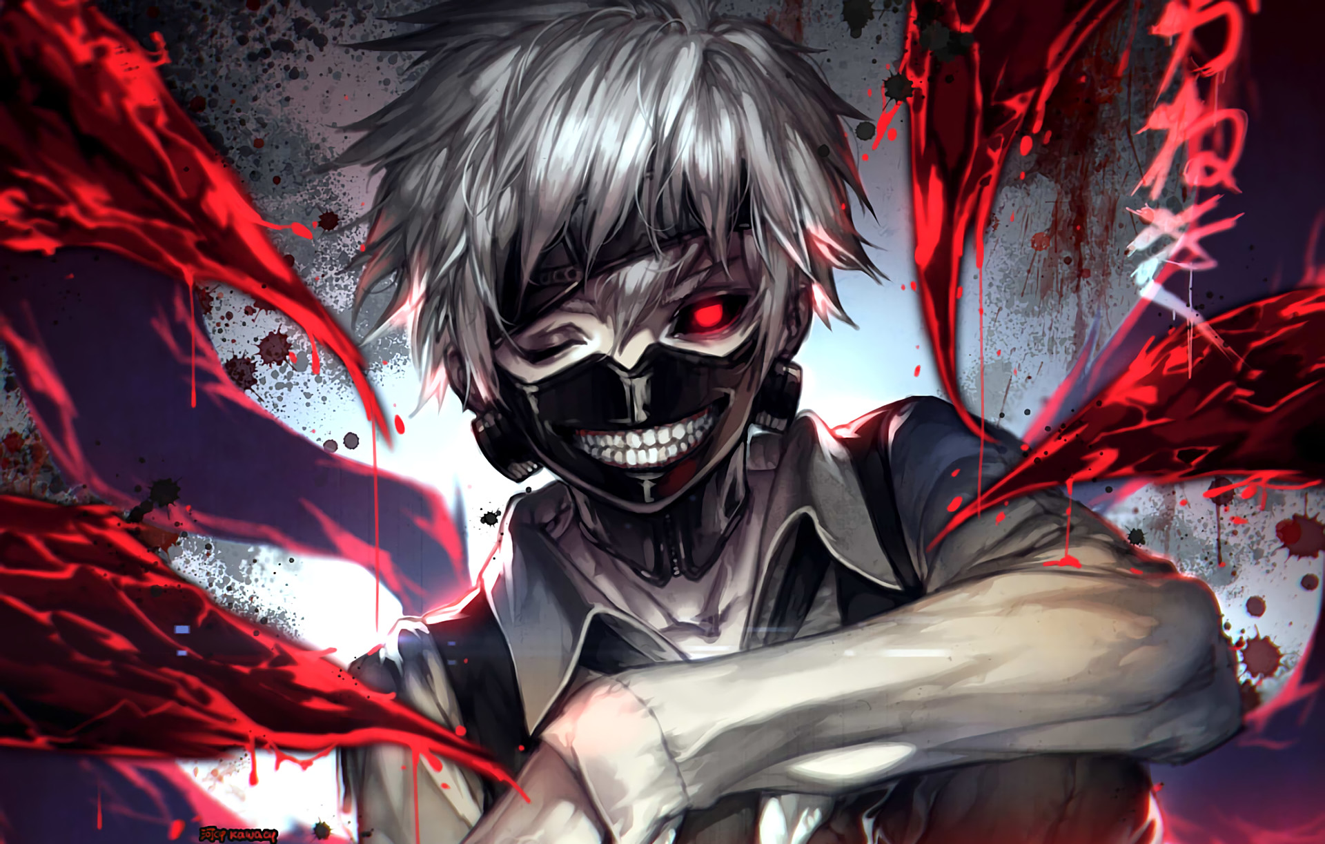 Ken Kaneki, Tokyo Ghoul, Maschera, Kagune, Rosso, Full HD, sfondo per PC