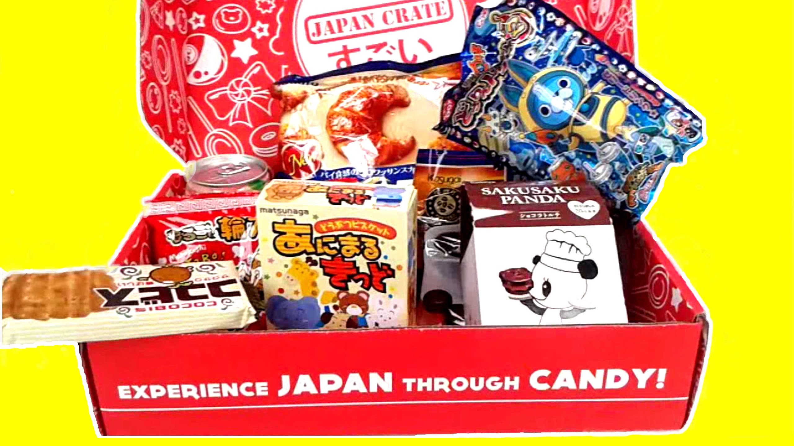 Japan Crate, Caramelle giapponesi, Snack, Sfondo giallo, 2K, wallpaper per portatile