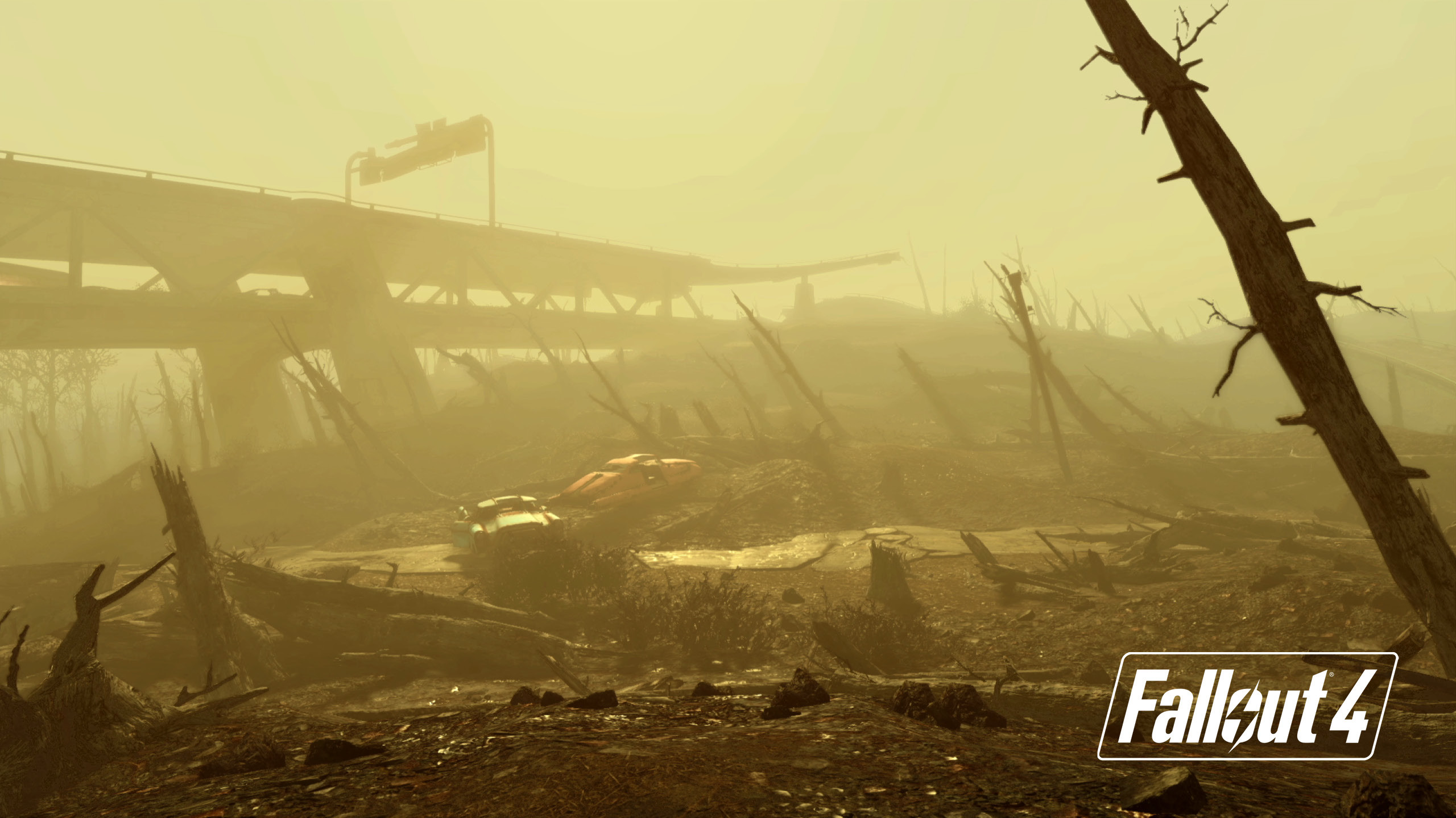 Fallout 4, Logo, Zona contaminata, Nebbia gialla, Rovine, 2560x1440, immagine di sfondo