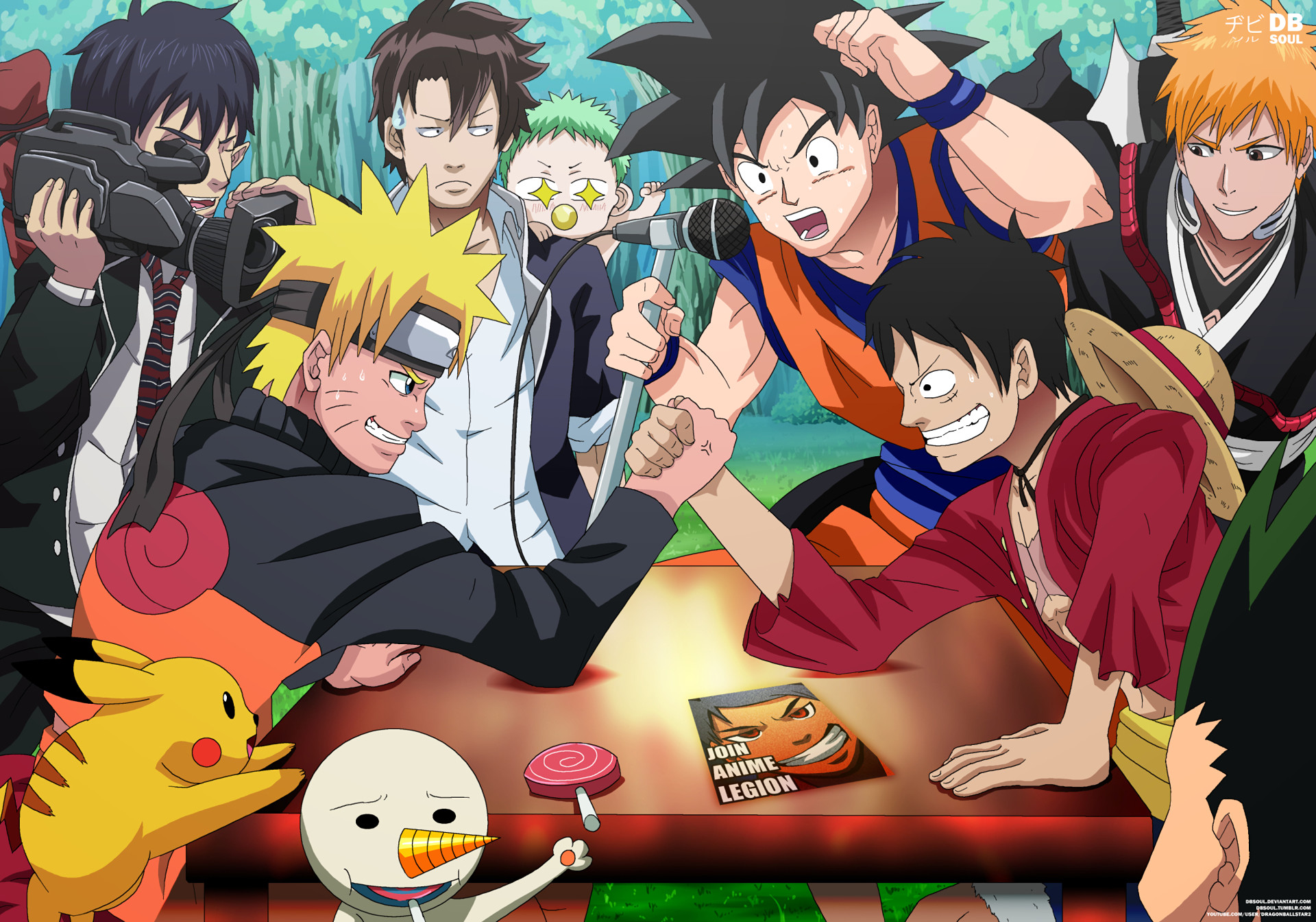 Crossover anime, Naruto Uzumaki, Monkey D. Luffy, Son Goku, Ichigo Kurosaki, Pikachu, immagine di sfondo