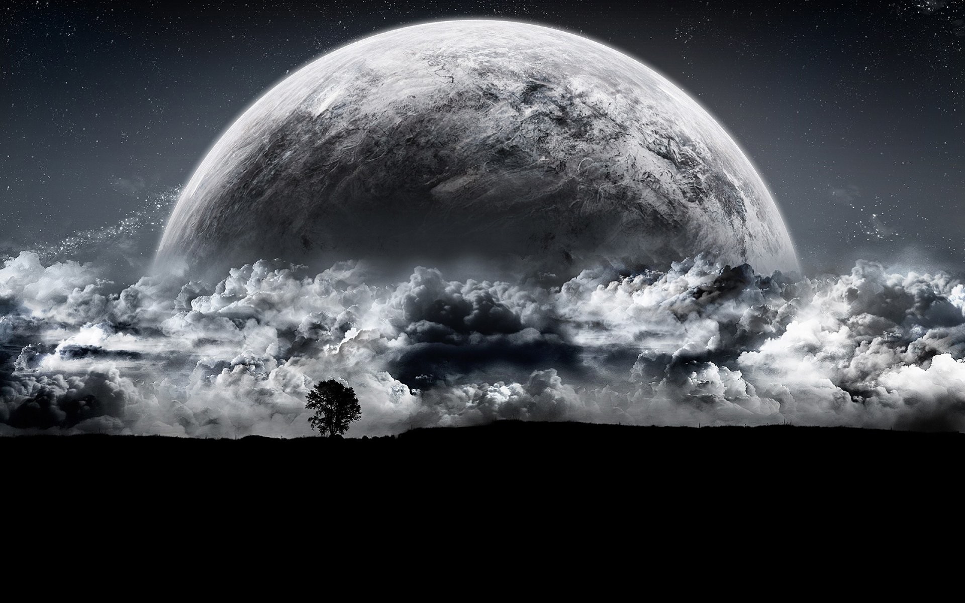Luna gigante, Nuvole, Bianco e nero, 1920x1200, sfondo per PC
