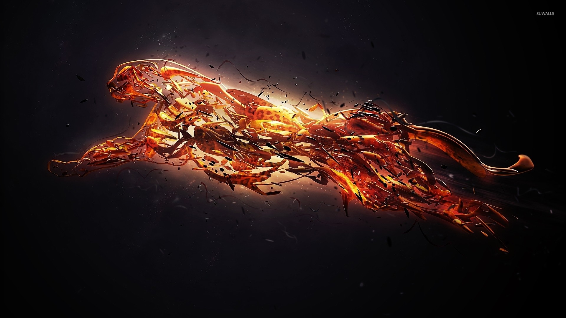 Ghepardo, Fuoco, Arte digitale, Sfondo nero, Full HD, wallpaper per computer