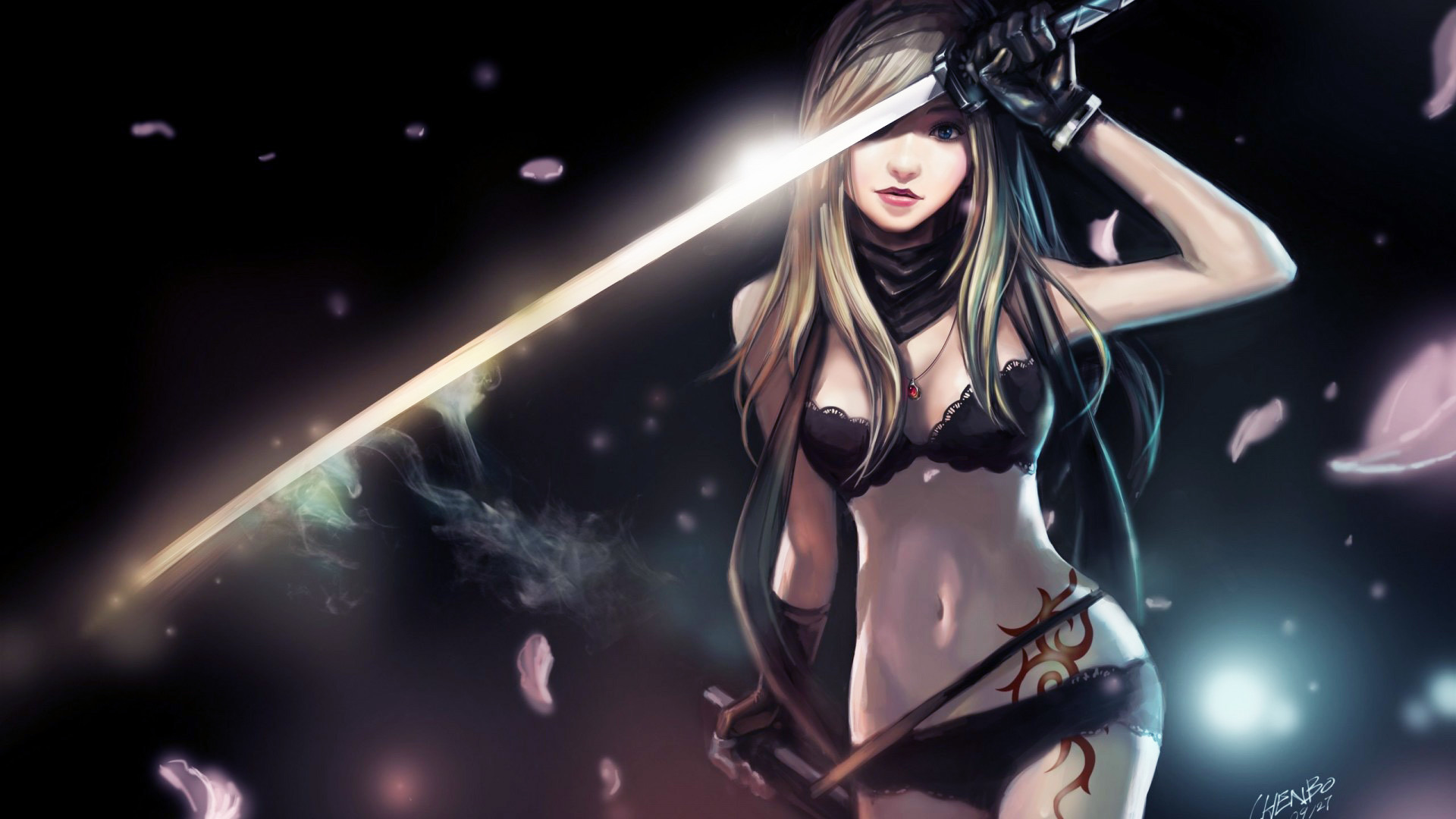 Ragazza anime, Katana, Petali, Sfondo nero, Full HD, wallpaper per computer