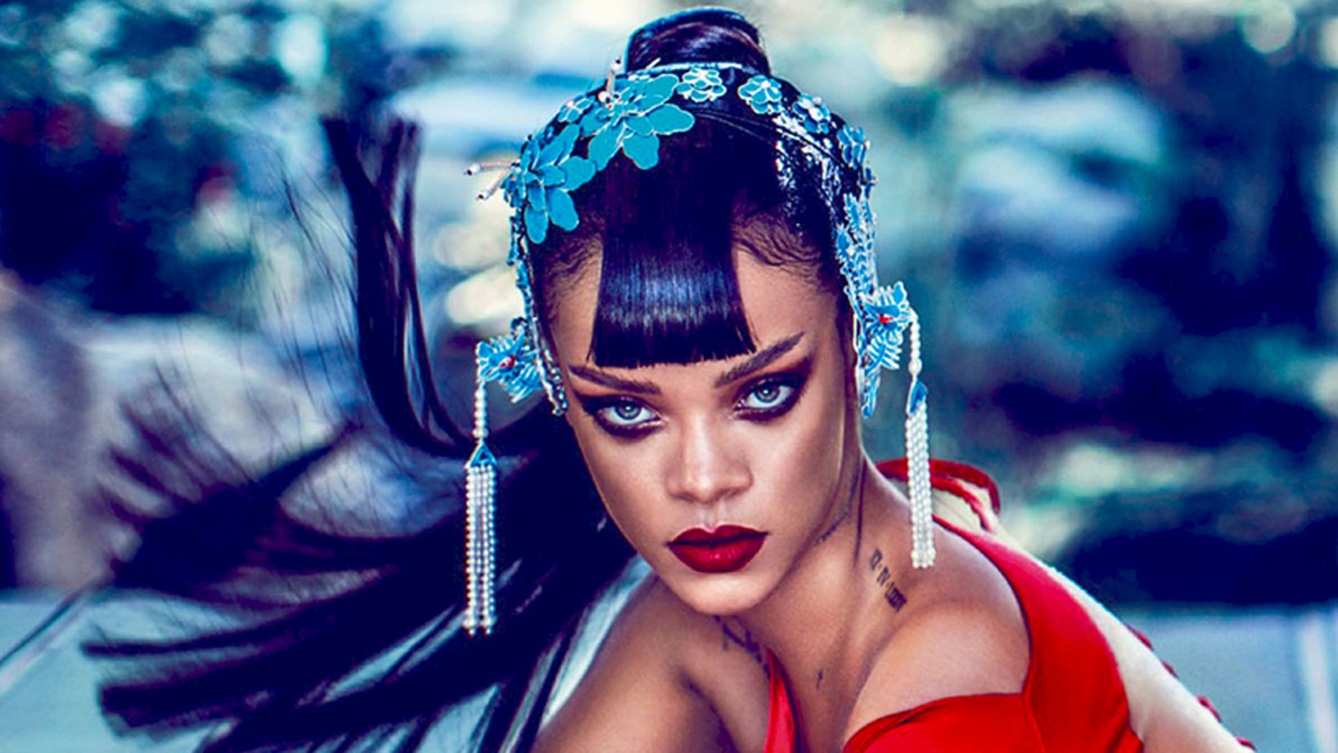 Rihanna, Copricapo, Rossetto rosso, Servizio fotografico, Full HD, sfondo Windows 11